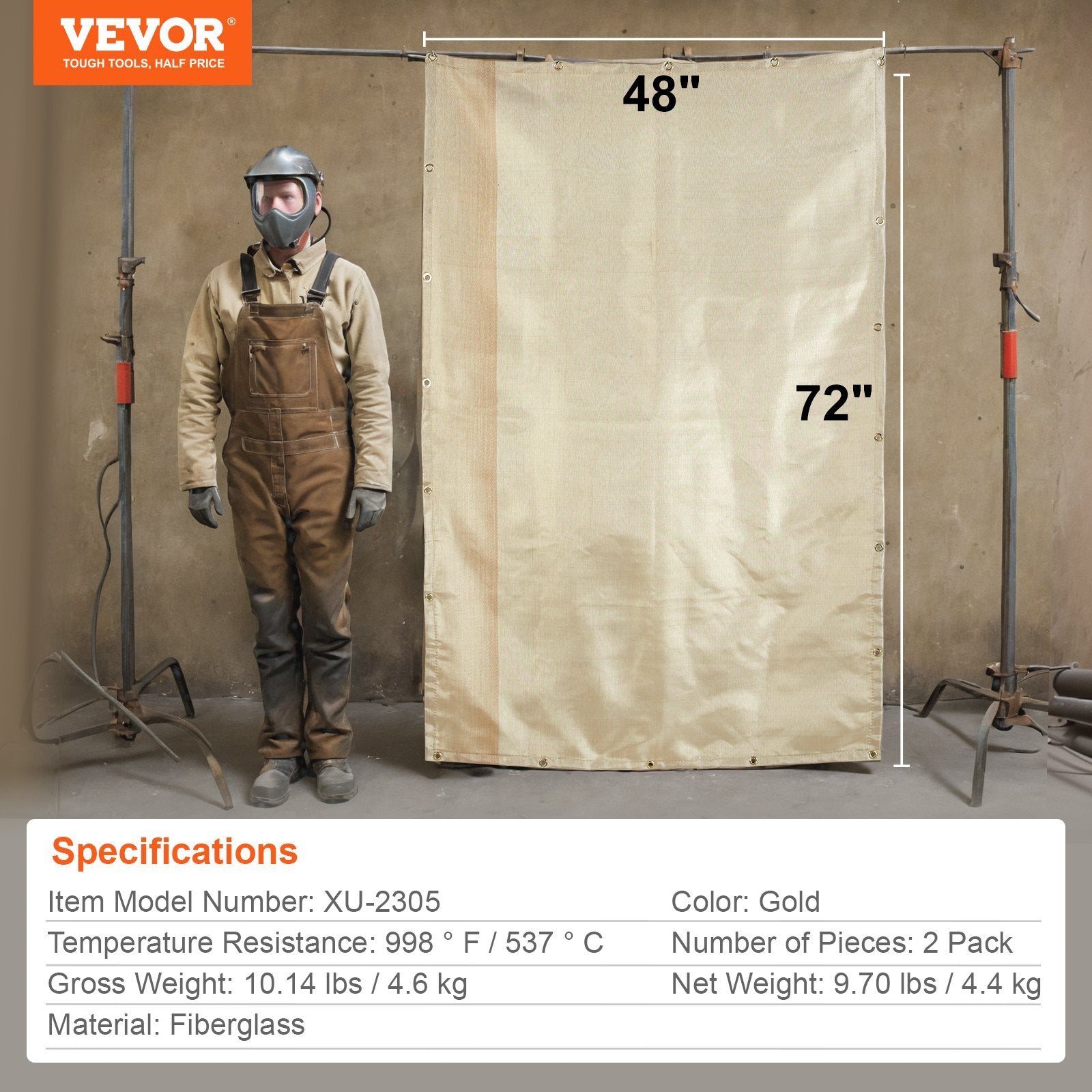 VEVOR Welding Blanket 2 Packs, 4FT x 6FT Heat Treated Welding Blanket, Up To 998°F Heat Resistant Blanket Set, Heavy-Duty Fiberglass Flame Retardant Insulation Welding Mat Cover with Metal Grommets 