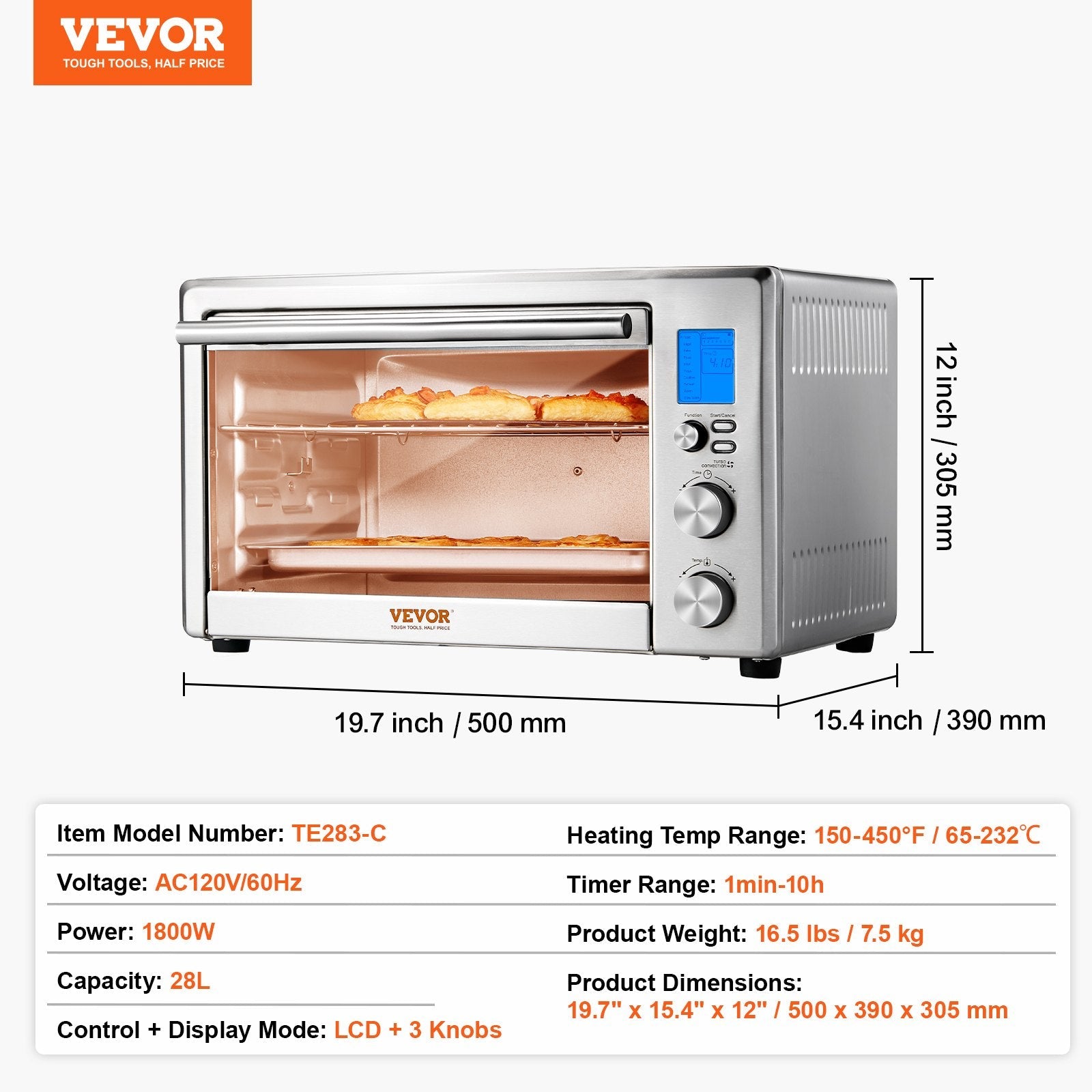 VEVOR Countertop Convection Oven 28L Toaster Baker 10-IN-1 1800W for Home Use 