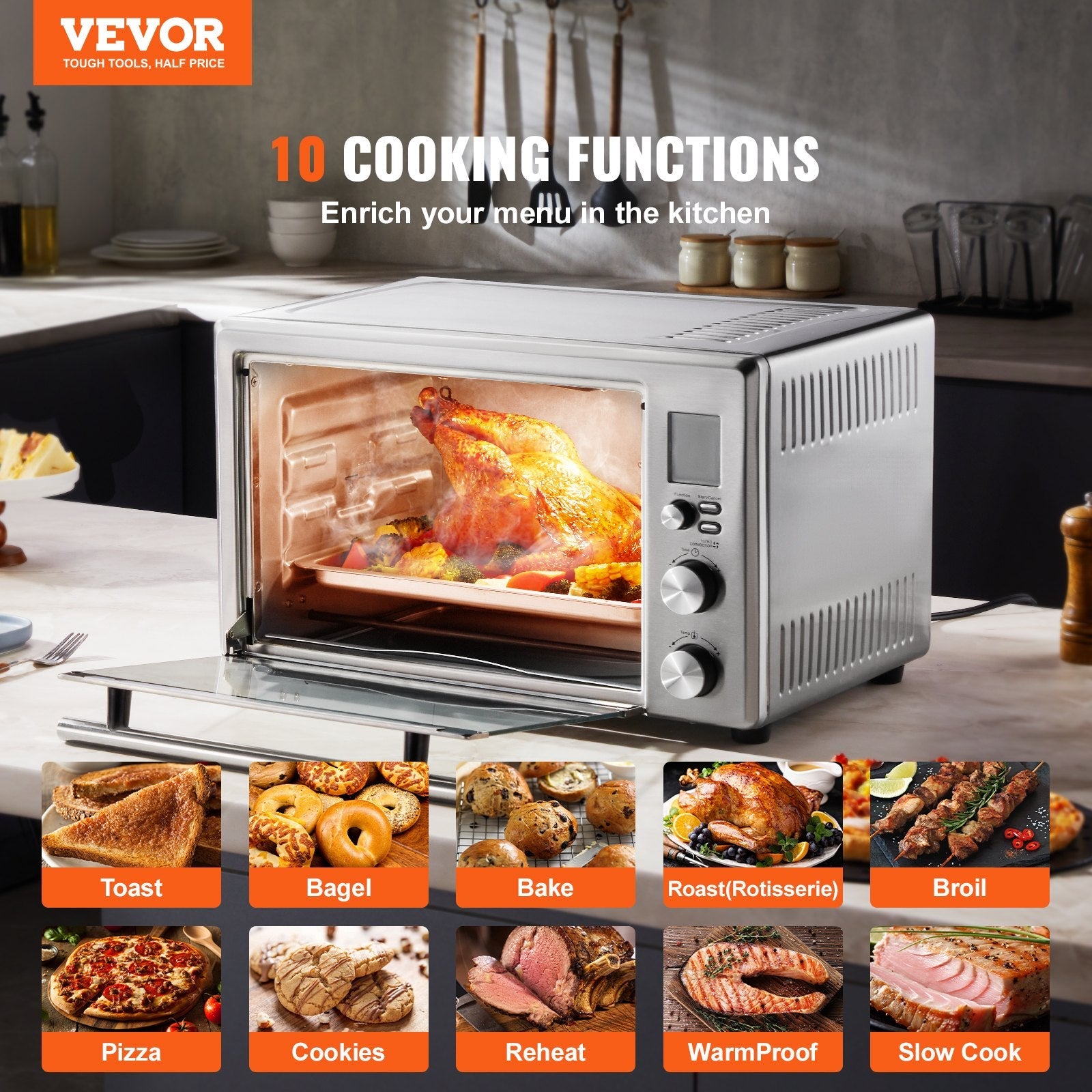 VEVOR Countertop Convection Oven 28L Toaster Baker 10-IN-1 1800W for Home Use 