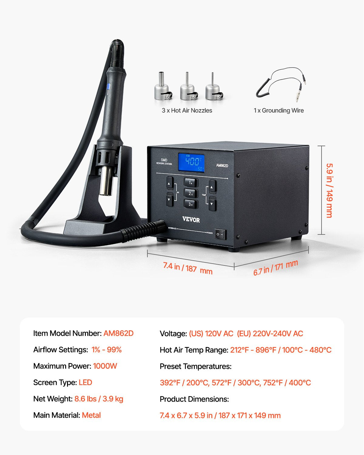 VEVOR Hot Air Rework Station 1000W LED Digital SMD Rework Station 212?-896? 