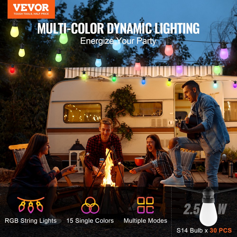 VEVOR 100FT RGB Outdoor String Lights Waterproof Patio Lights with APP Control 