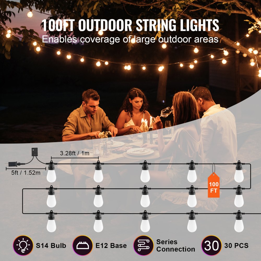 VEVOR 100FT RGB Outdoor String Lights Waterproof Patio Lights with APP Control 