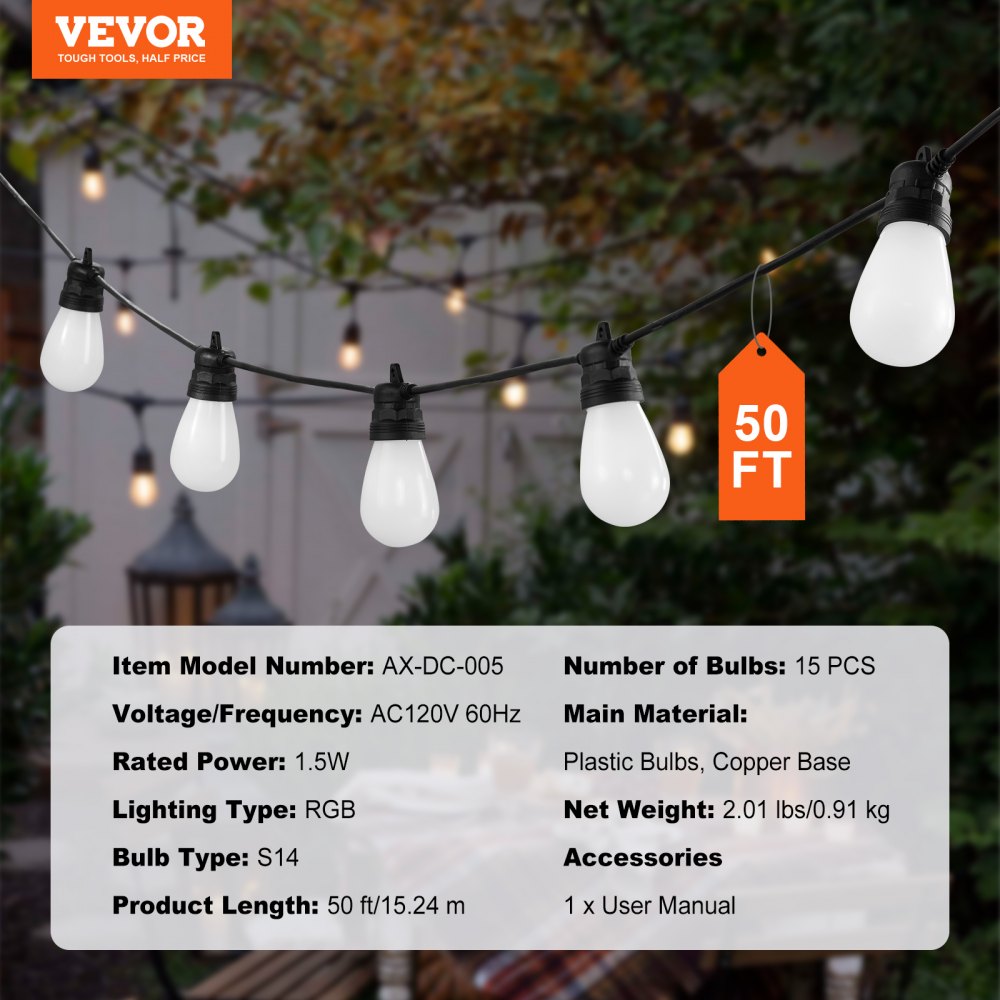 VEVOR 50FT RGB Outdoor String Lights Patio Waterproof Lights with APP Control 