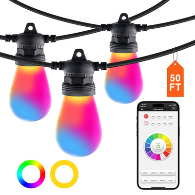 VEVOR 50FT RGB Outdoor String Lights Patio Waterproof Lights with APP Control 
