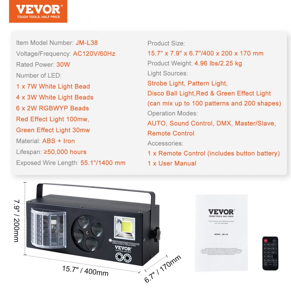 VEVOR Stage Lights, 4 in 1 RGB Party Lights, LED Pattern Strobe Light, Mixed Lighting Effects Sound Activated with Red & Green Effect Light for DJ Club Disco Party Wedding Birthday Christmas (Black) 