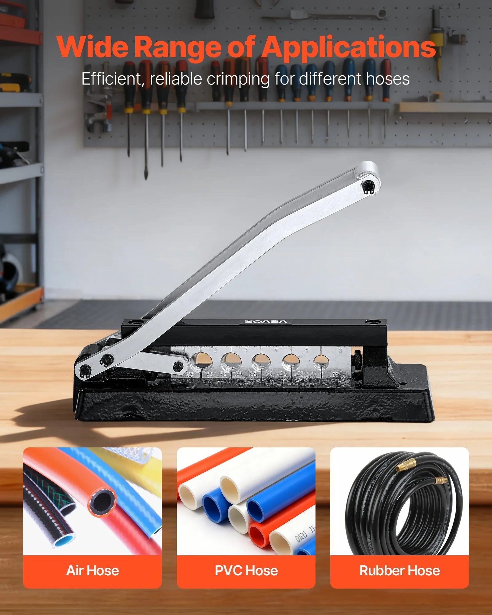 VEVOR Heavy Duty Hose Ferrule Crimping Tool, Standard Bench Hose Crimper with 5 Die Holes & 0.44"-0.63" Crimping Range for PVC Rubber Hoses, Air Hoses Crimping Repair Kit (Ferrules Not Included) 
