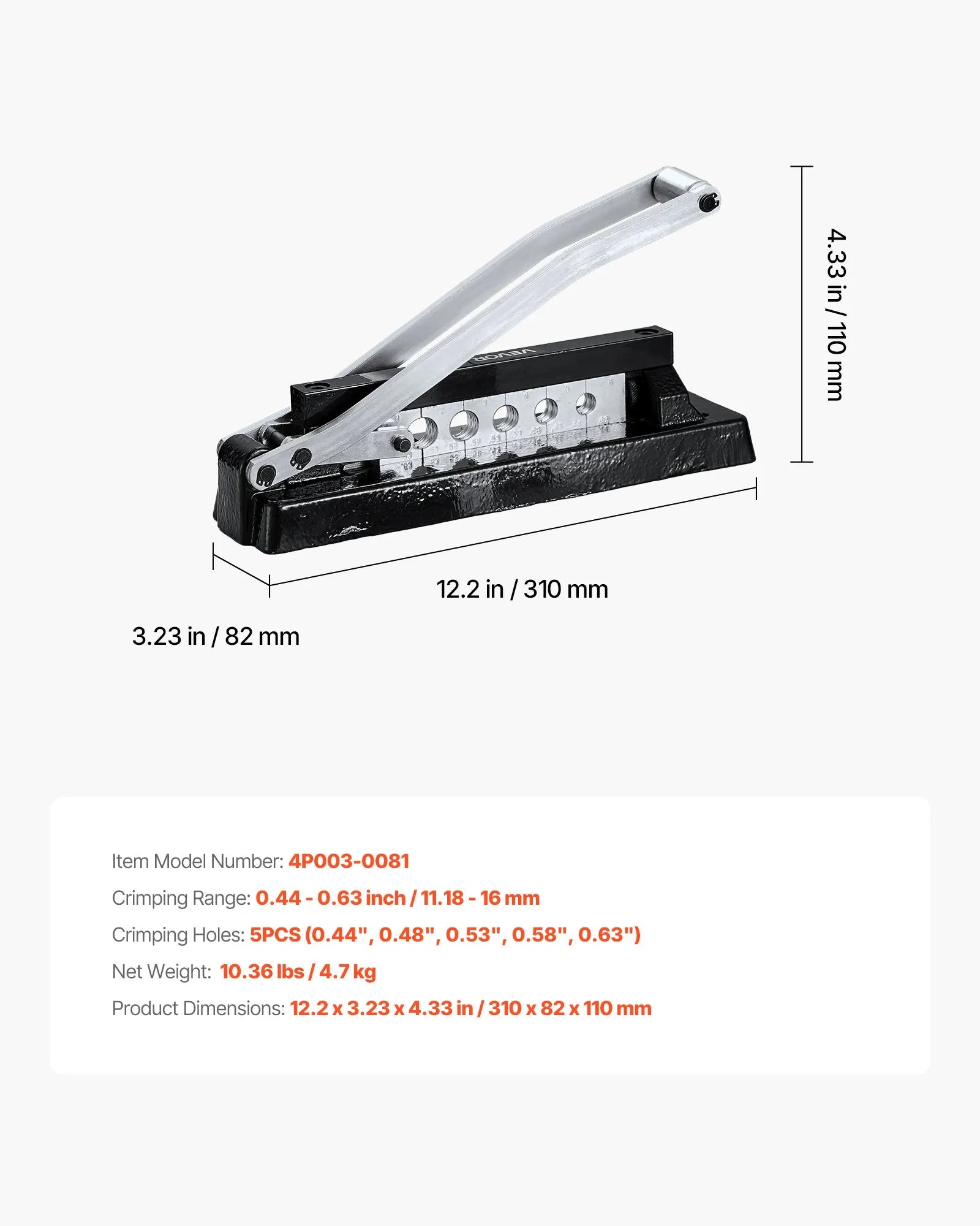 VEVOR Heavy Duty Hose Ferrule Crimping Tool, Standard Bench Hose Crimper with 5 Die Holes & 0.44"-0.63" Crimping Range for PVC Rubber Hoses, Air Hoses Crimping Repair Kit (Ferrules Not Included) 