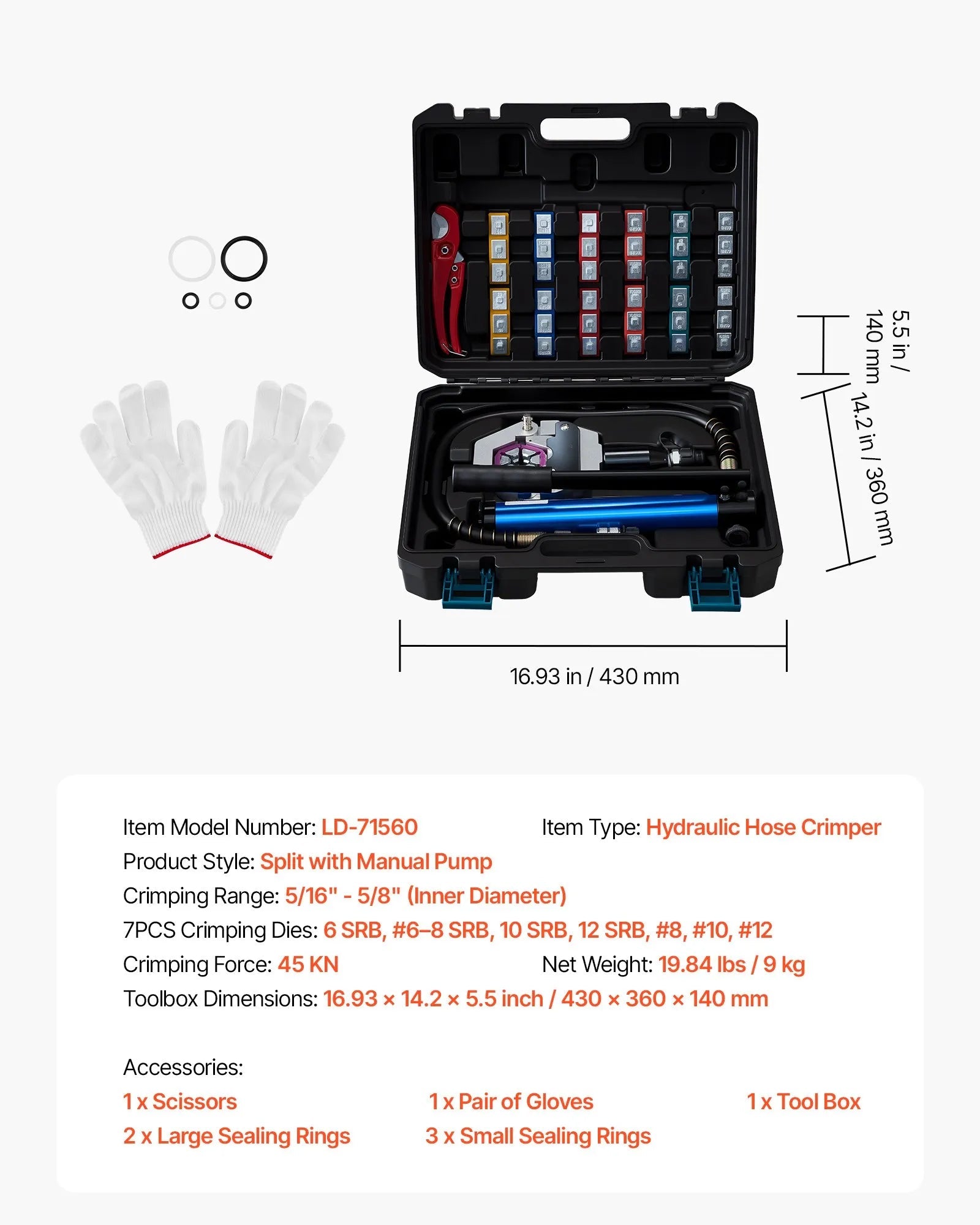 VEVOR Hydraulic Hose Crimper, Hydra-Krimp AC Hose Crimper Kit with 7 Dies Snap-On & Carrying Case, Hydraulic A/C Hoses Crimping Tool for Automotive & Air Conditioning Repair (Split with Manual Pump) 