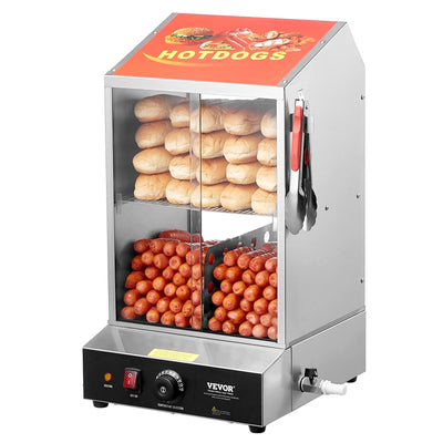 VEVOR Commercial Hot Dog Steamer 2-Tier Electric Bun Warmer 39QT Slide Doors 