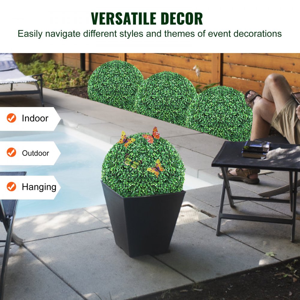 VEVOR Artificial Topiaries Boxwood Trees, 16” Tall (2 Pieces), Ball-Shape Faux Topiaries Plant, All-year Green Feaux Plant Decorative Balls for Backyard, Balcony,Garden, Wedding and Home Décor 