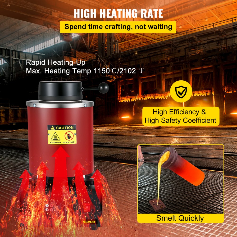 VEVOR Electric Melting Furnace, 3KG Digital Electric Melting Furnace, 1750W 1150?/2102 ? Gold Smelter Furnace W/ Graphite Crucible Casting Refining Jewelry Precious Metals Gold Silver Copper Aluminu 