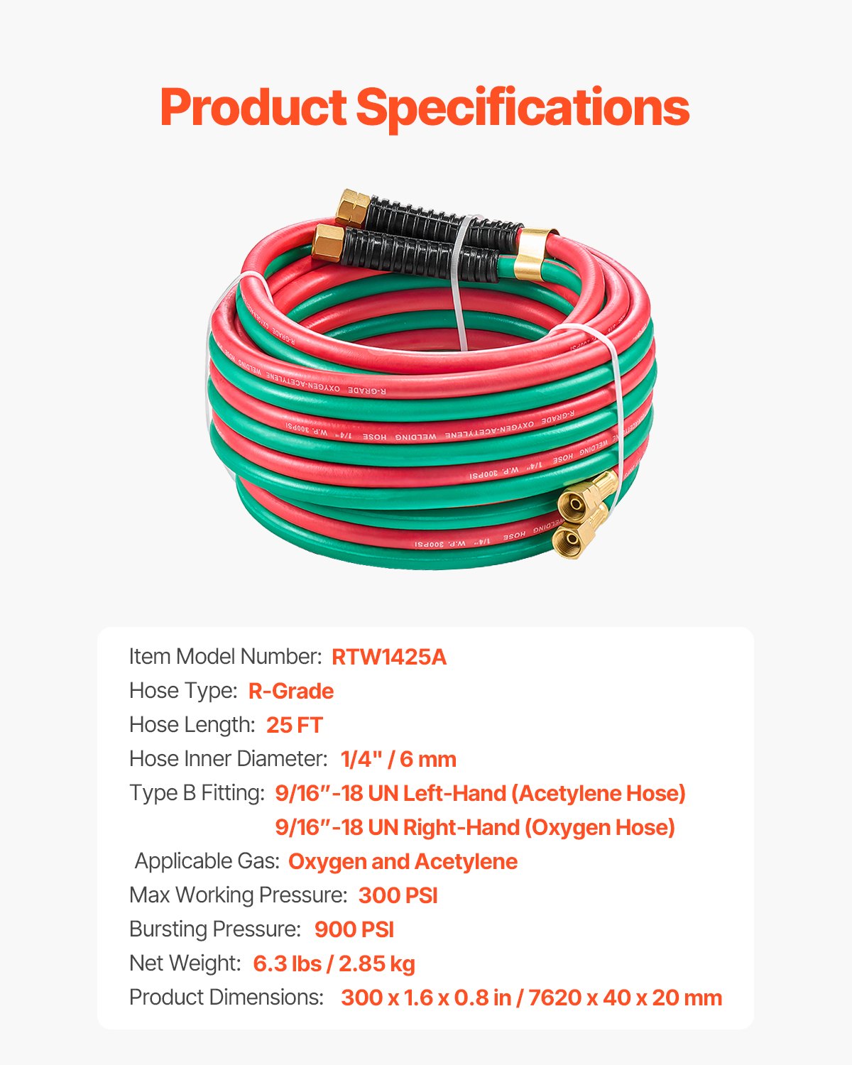 VEVOR Oxygen Acetylene Hose 1/4-Inch x 25FT Oxy Acetylene Hose R Grade 300PSI 