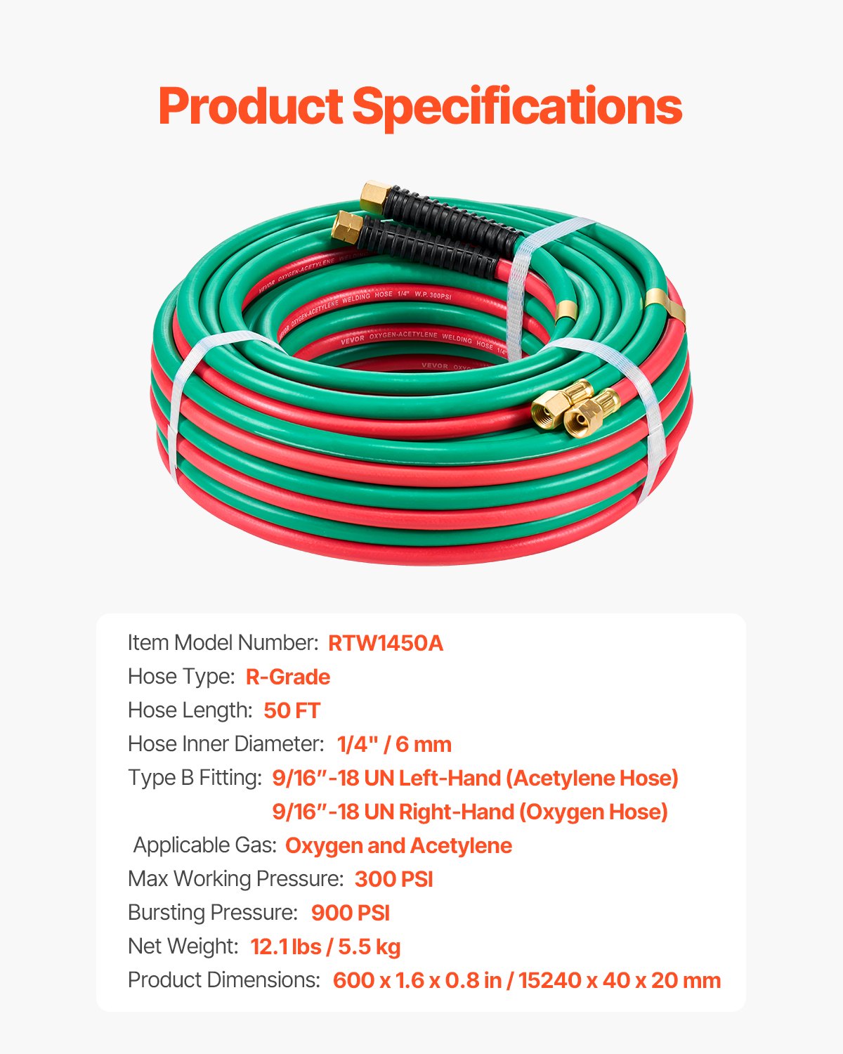 VEVOR Oxygen Acetylene Hose 1/4-Inch x 50FT Oxy Acetylene Hose R Grade 300PSI 