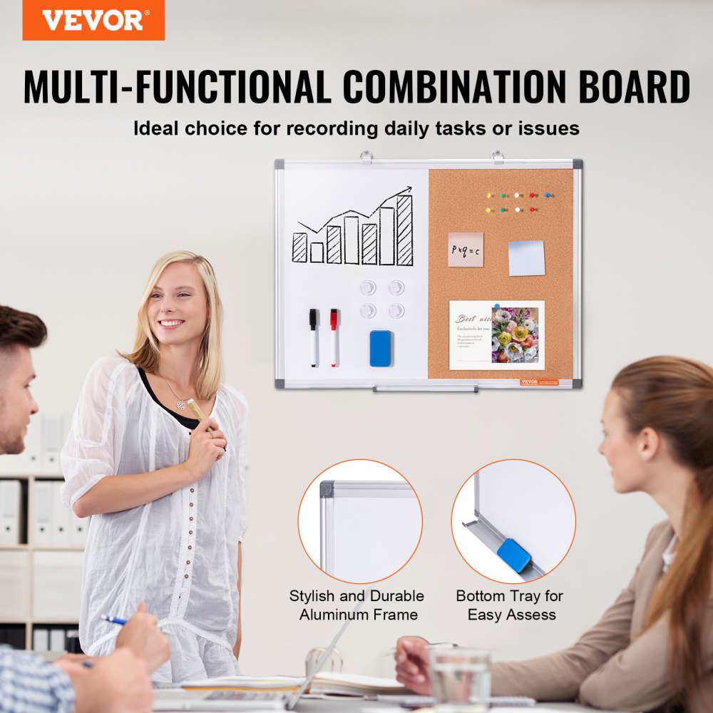 VEVOR 24"x 18" Whiteboard & Cork Board Combo with Aluminum Frame for School Home 