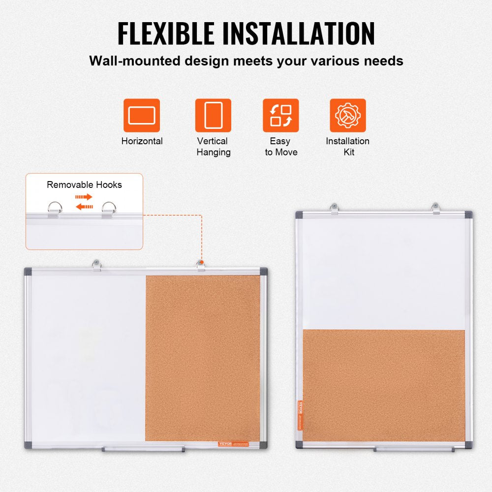 VEVOR 24"x 18" Whiteboard & Cork Board Combo with Aluminum Frame for School Home 