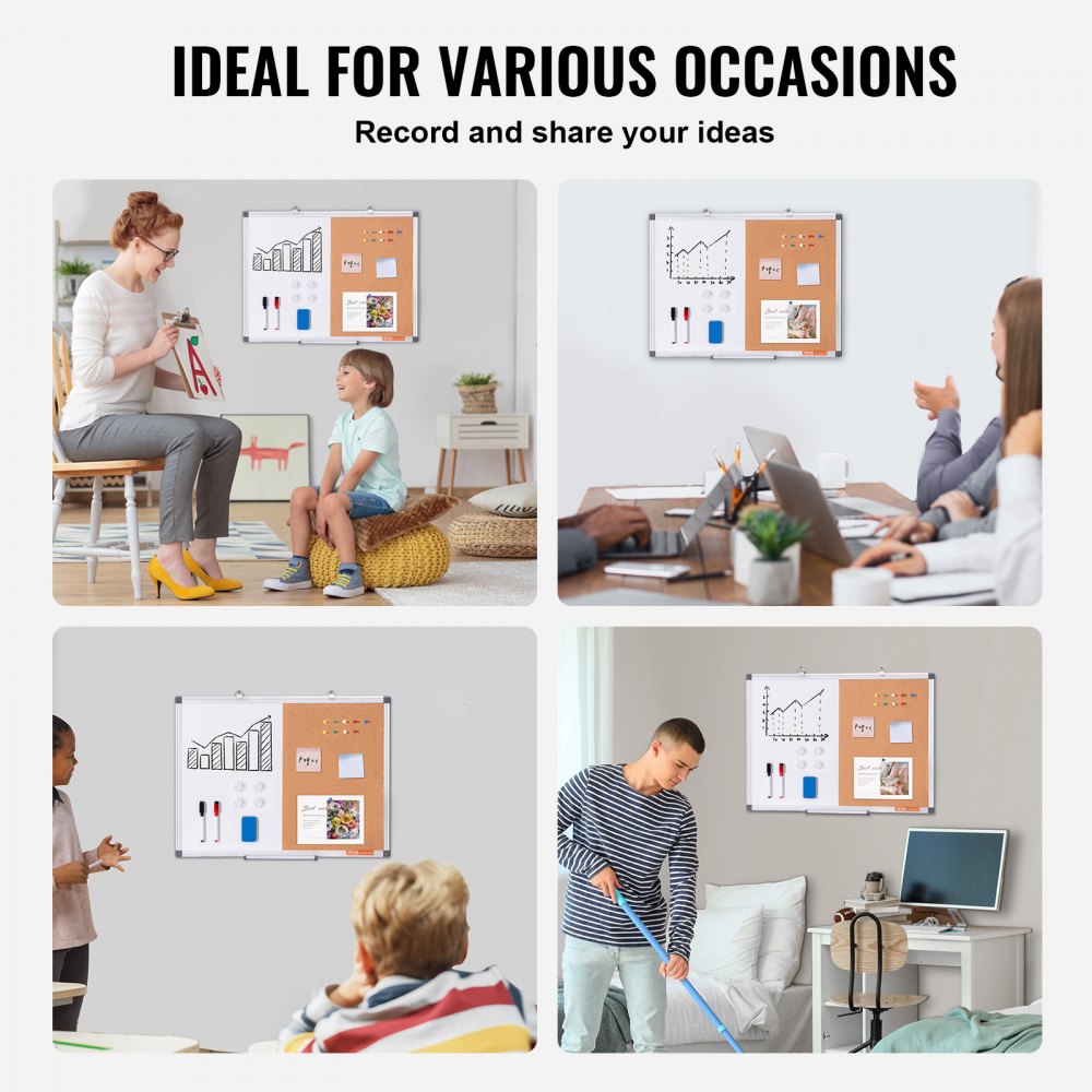 VEVOR 24"x 18" Whiteboard & Cork Board Combo with Aluminum Frame for School Home 