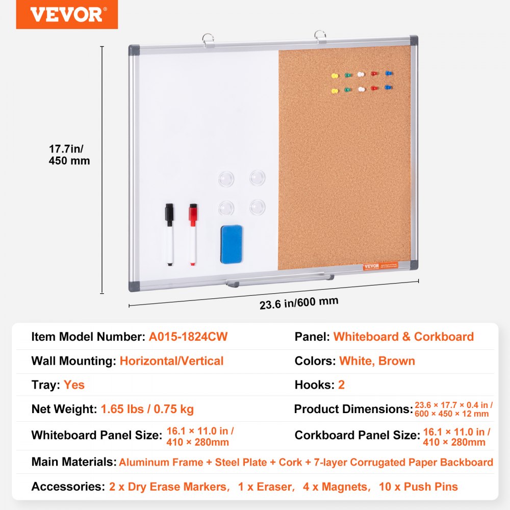 VEVOR 24"x 18" Whiteboard & Cork Board Combo with Aluminum Frame for School Home 