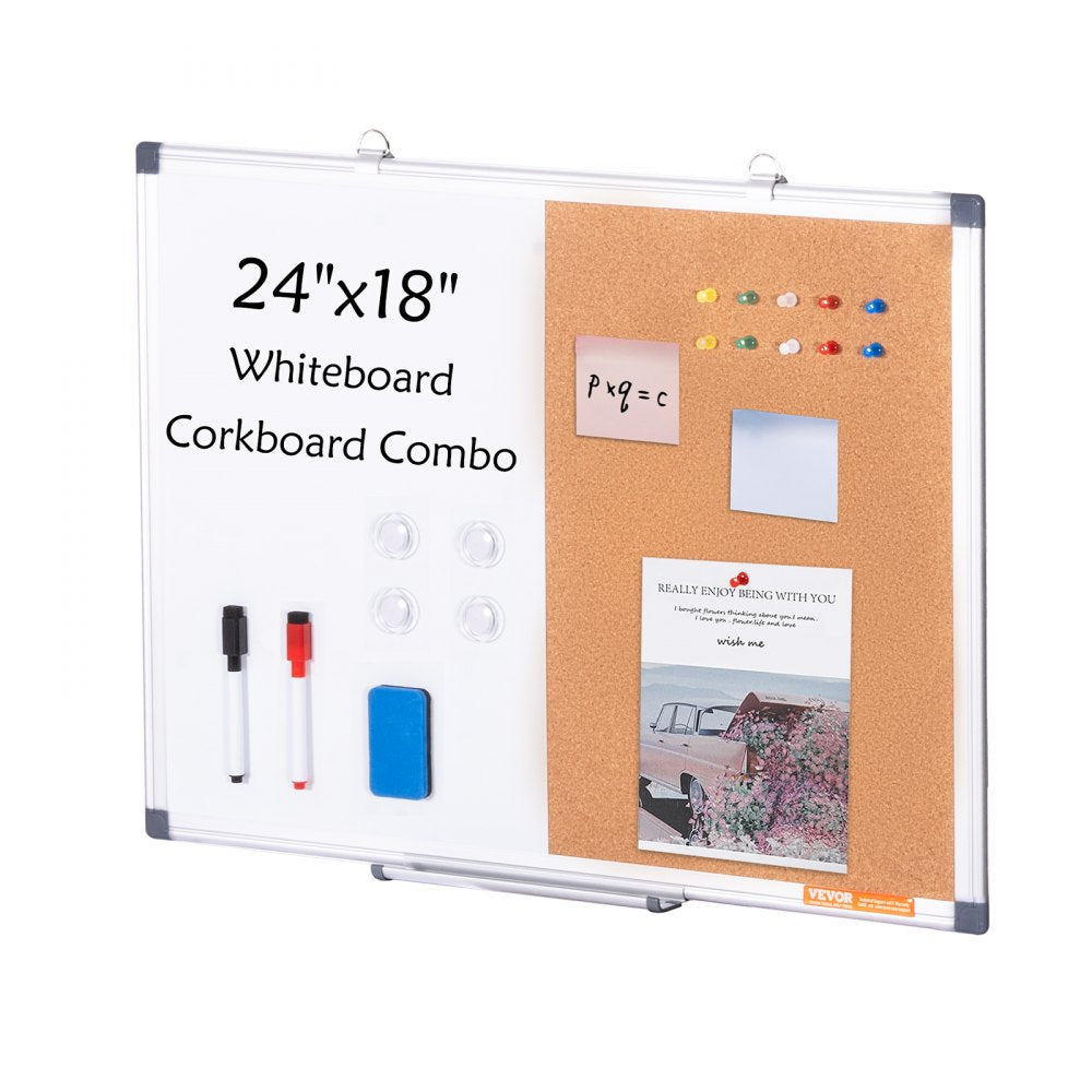 VEVOR 24"x 18" Whiteboard & Cork Board Combo with Aluminum Frame for School Home 