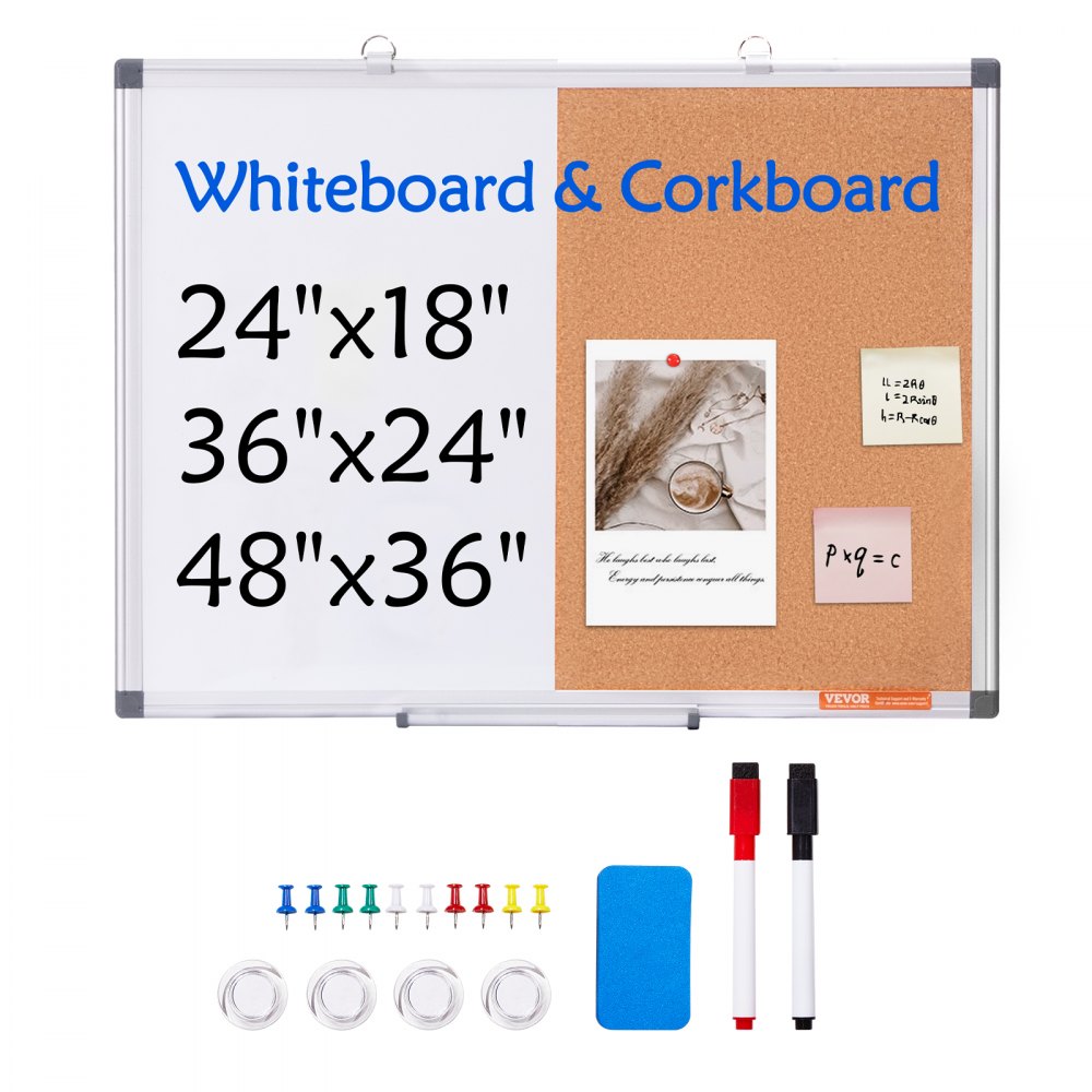 VEVOR 24"x 18" Whiteboard & Cork Board Combo with Aluminum Frame for School Home 
