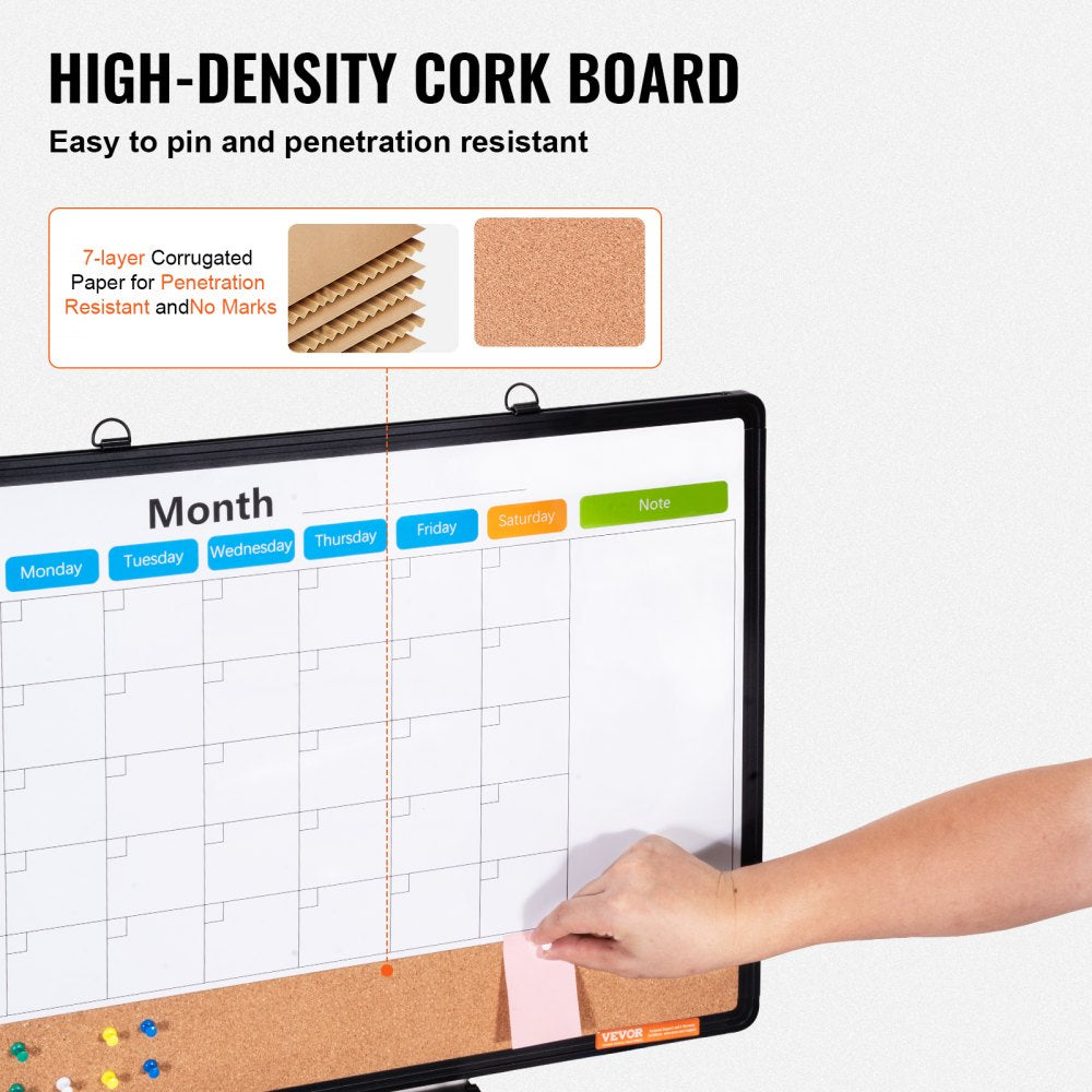 VEVOR 24"x18" Monthly Calendar Whiteboard & Cork Board Combo with Aluminum Frame 