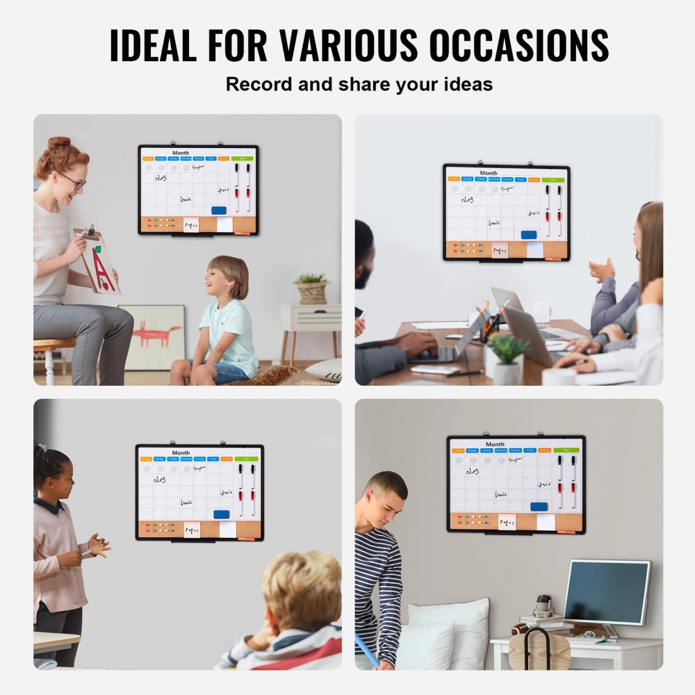 VEVOR 24"x18" Monthly Calendar Whiteboard & Cork Board Combo with Aluminum Frame 