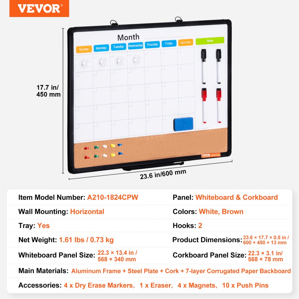 VEVOR 24"x18" Monthly Calendar Whiteboard & Cork Board Combo with Aluminum Frame 