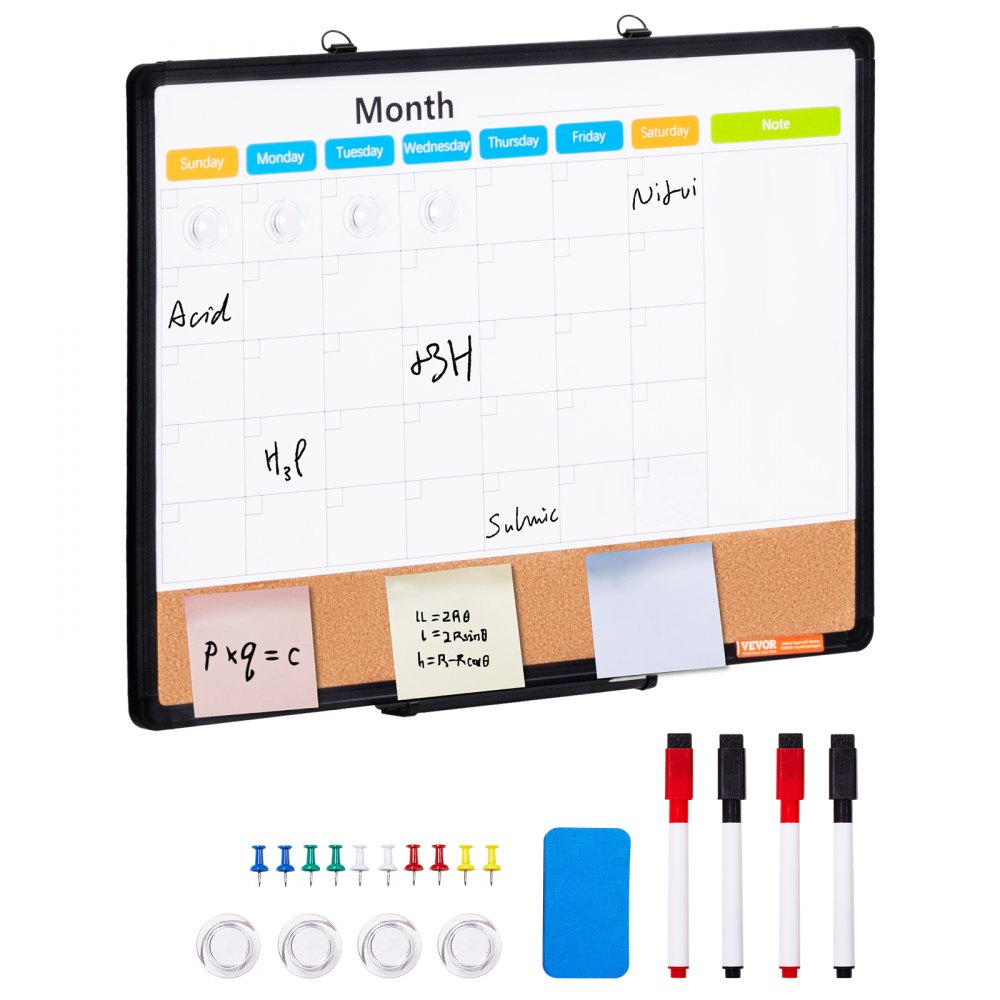 VEVOR 24"x18" Monthly Calendar Whiteboard & Cork Board Combo with Aluminum Frame 