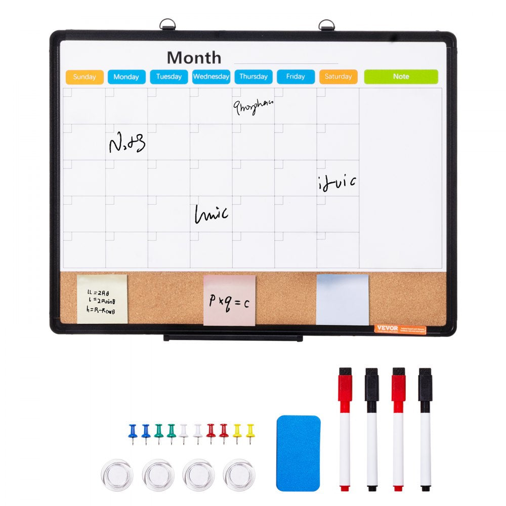 VEVOR 24"x18" Monthly Calendar Whiteboard & Cork Board Combo with Aluminum Frame 