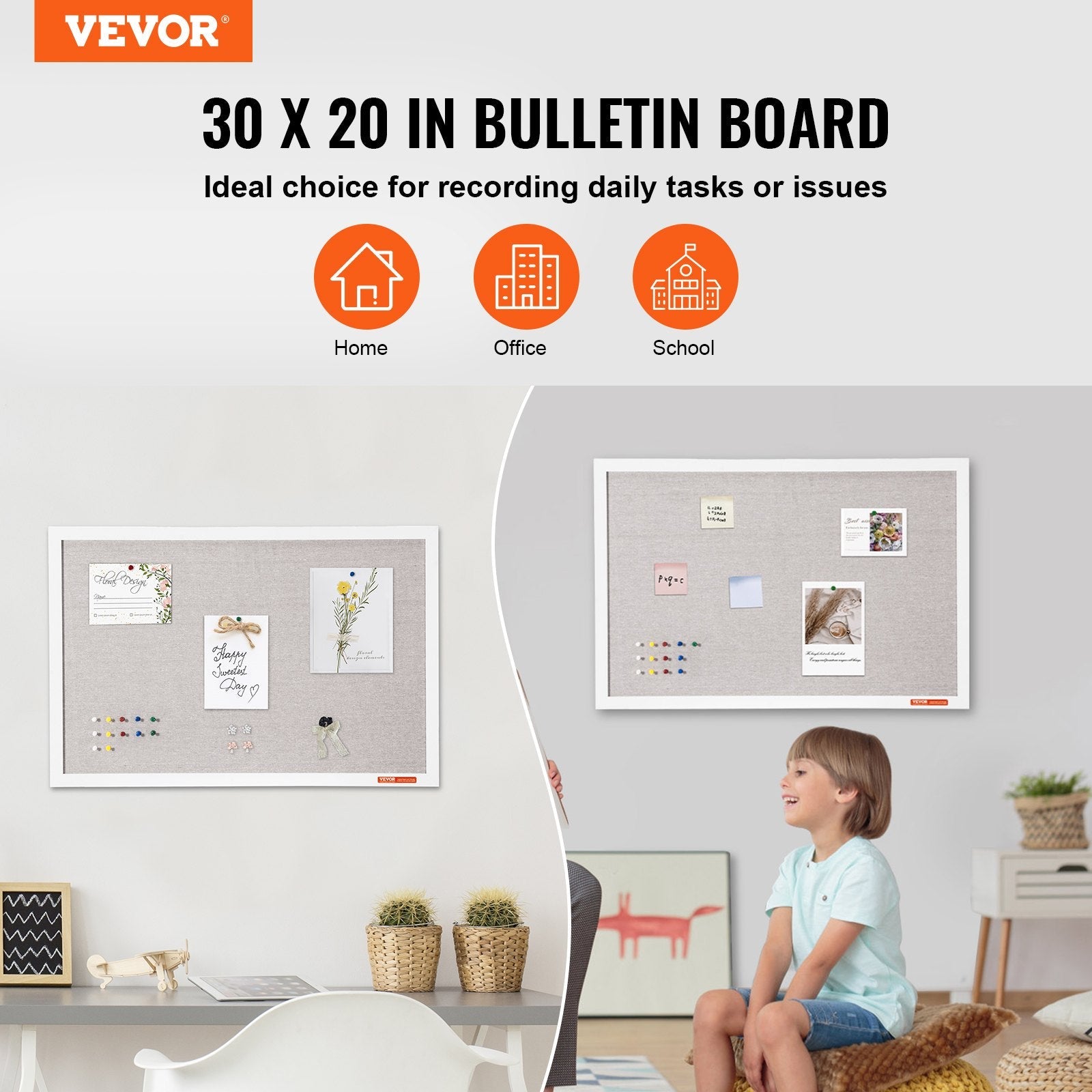 VEVOR 30"x20" White Cork Board with Linen Surface Wall-Mounted Bulletin Board 