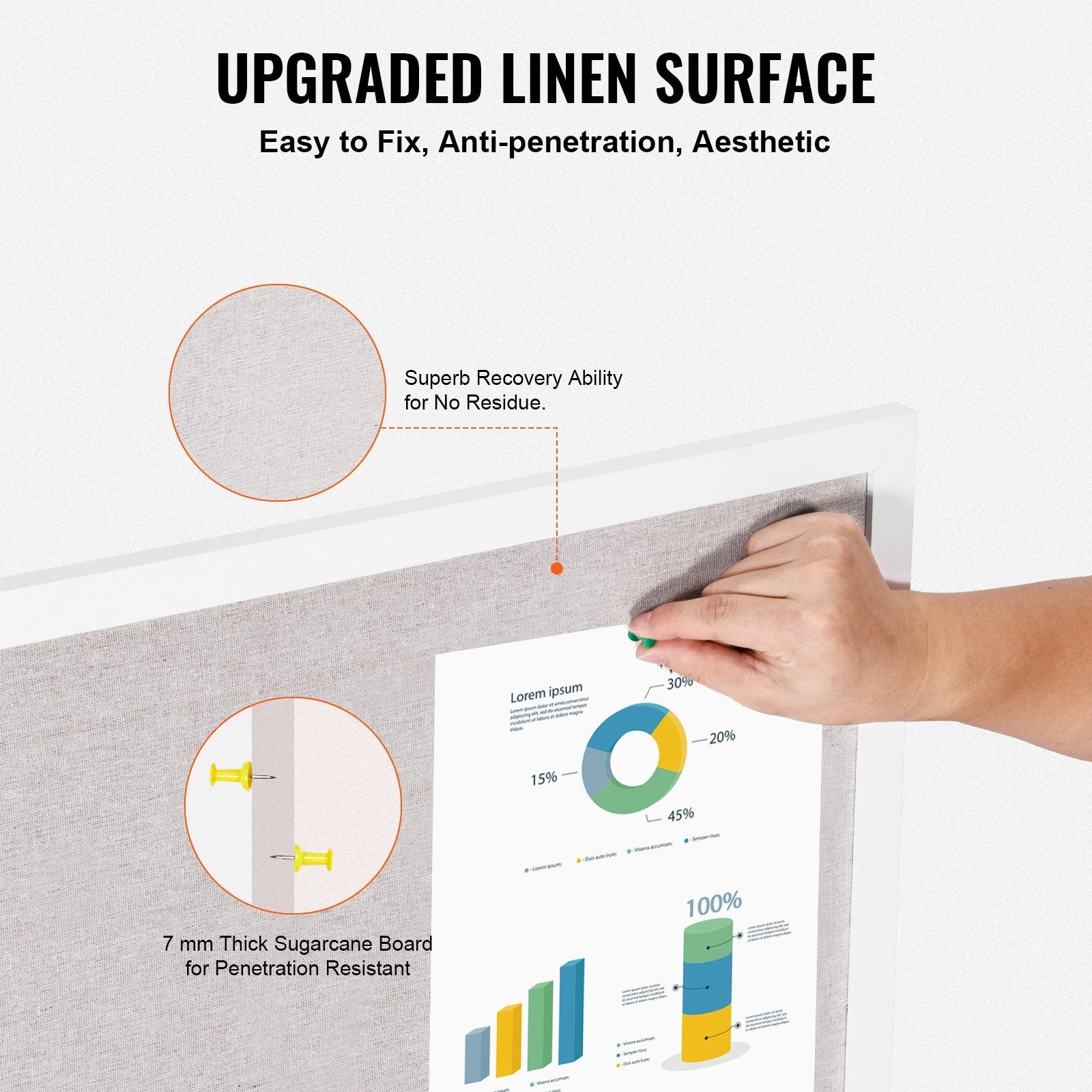 VEVOR 30"x20" White Cork Board with Linen Surface Wall-Mounted Bulletin Board 