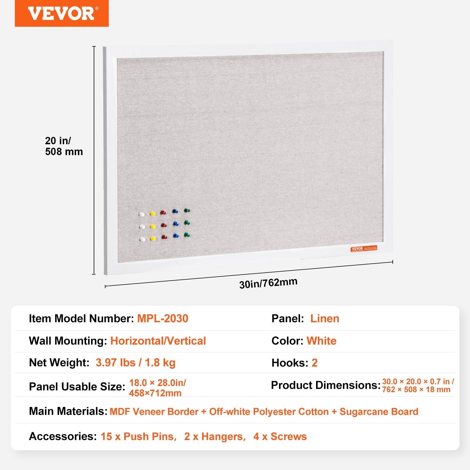 VEVOR 30"x20" White Cork Board with Linen Surface Wall-Mounted Bulletin Board 