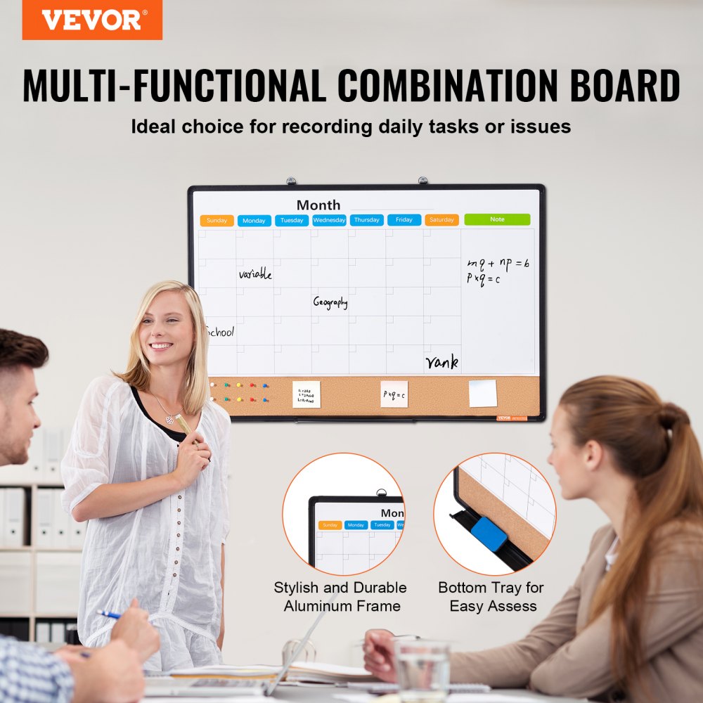 VEVOR 36"x24" Monthly Calendar Whiteboard & Cork Board Combo with Aluminum Frame 