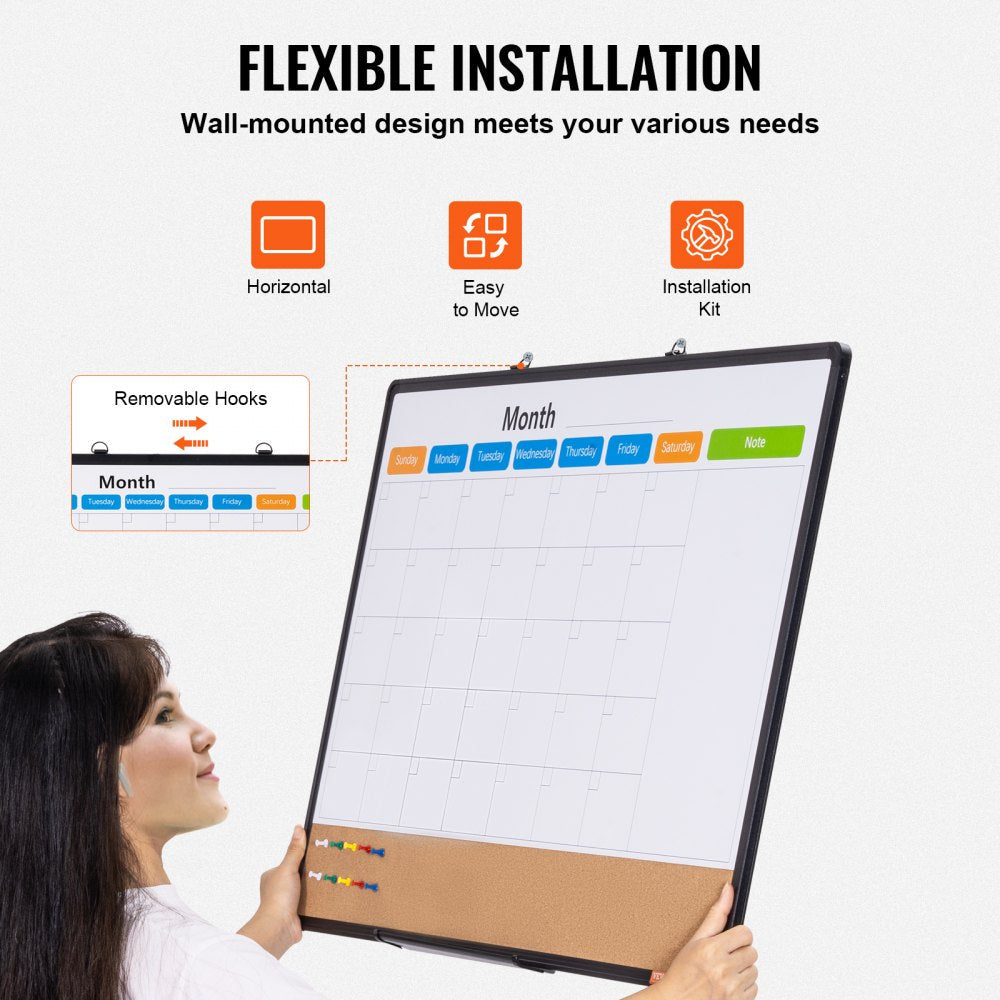 VEVOR 36"x24" Monthly Calendar Whiteboard & Cork Board Combo with Aluminum Frame 