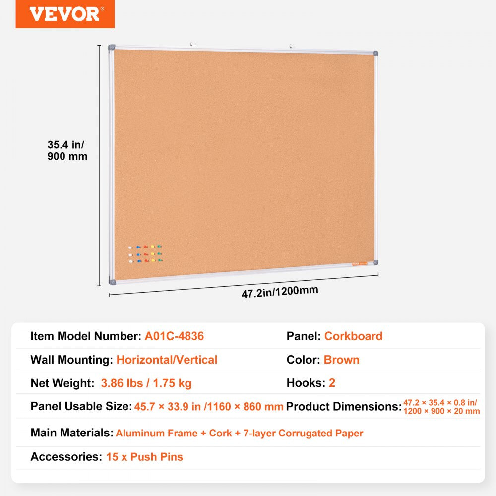 VEVOR 48"x36" Large Cork Board – Wall-Mounted Bulletin Board with Pin Board 