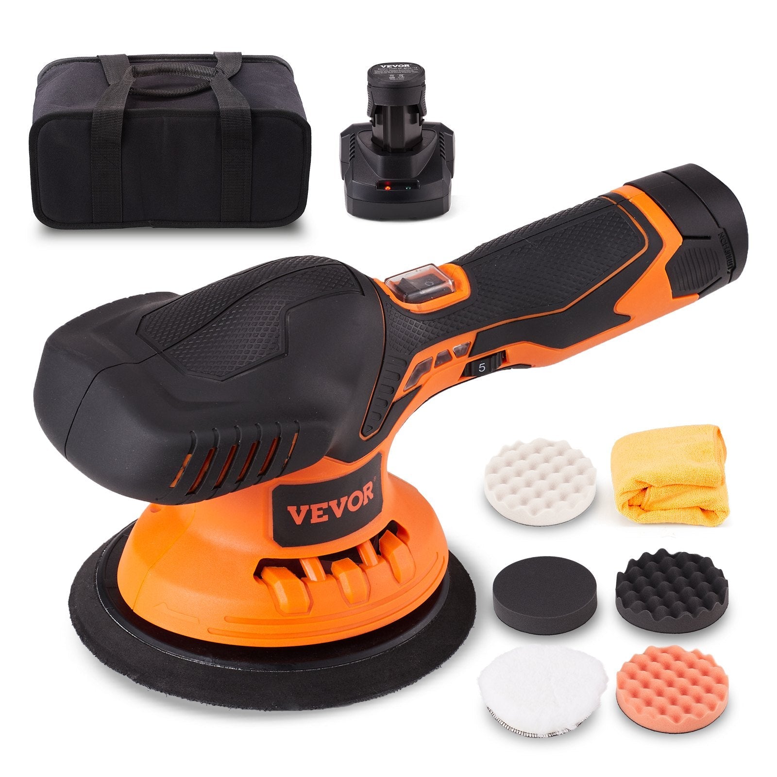 VEVOR Cordless Buffer Polisher, 6-Inch Random Orbital Polisher for Cars, 6 Variable Speed 5200RPM, with 1PC 12V Rechargeable Battery, Wireless Polisher Kit for Car Detailing/Polishing/Waxing 