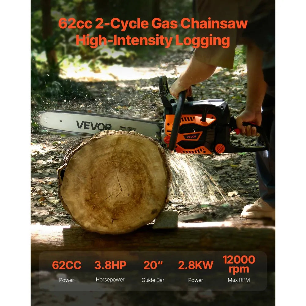 62cc Gas Chainsaw – 20-Inch 3.8 HP Gas Powered Chain Saw for Wood Cutting & Tree Trimming