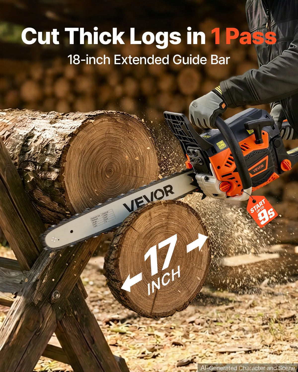 18" 52CC Gas-Powered Chainsaw, 2.55 HP 2-Stroke Engine