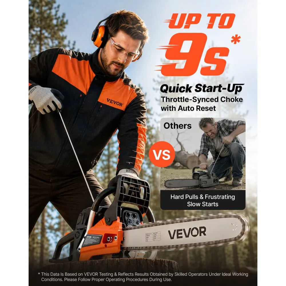 62cc Gas Powered Chainsaw with 20" & 22" Guide Bars, 3.8 HP 2-Stroke Engine