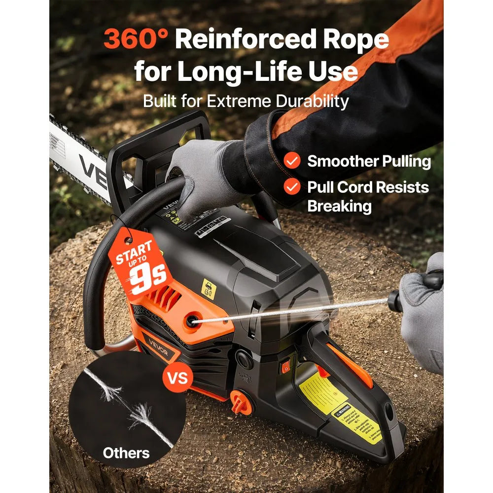 62cc Gas Powered Chainsaw with 20" & 22" Guide Bars, 3.8 HP 2-Stroke Engine