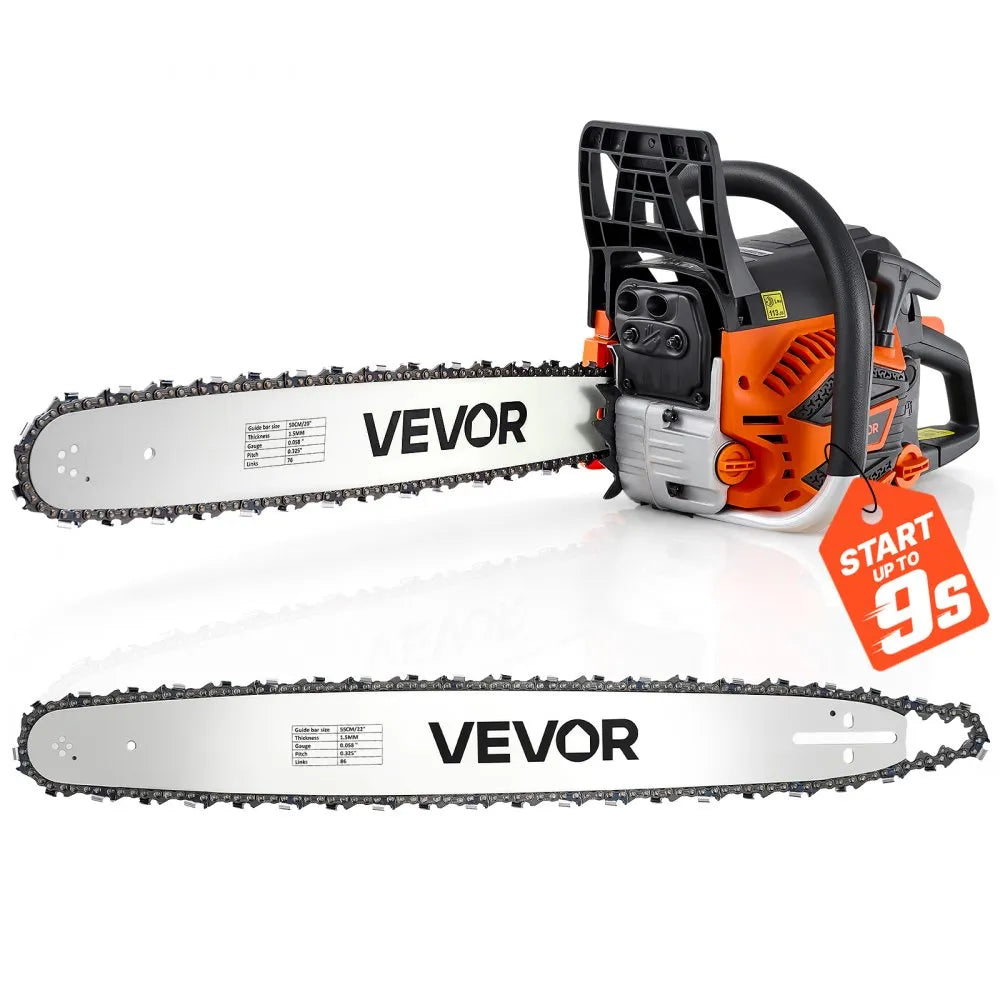 62cc Gas Powered Chainsaw with 20" & 22" Guide Bars, 3.8 HP 2-Stroke Engine