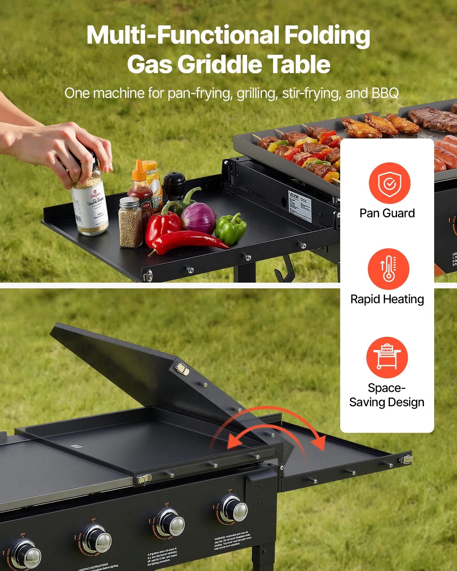 VEVOR Gas Griddle, 4-Burner Flat Top Grill, 36 inch Grill Plate Foldable Propane Griddle with Wheels, 60000 BTU Outdoor Flat Top Grills for Pan-Frying, Grilling, Stir-Frying, & BBQ, Pulse Ignition 