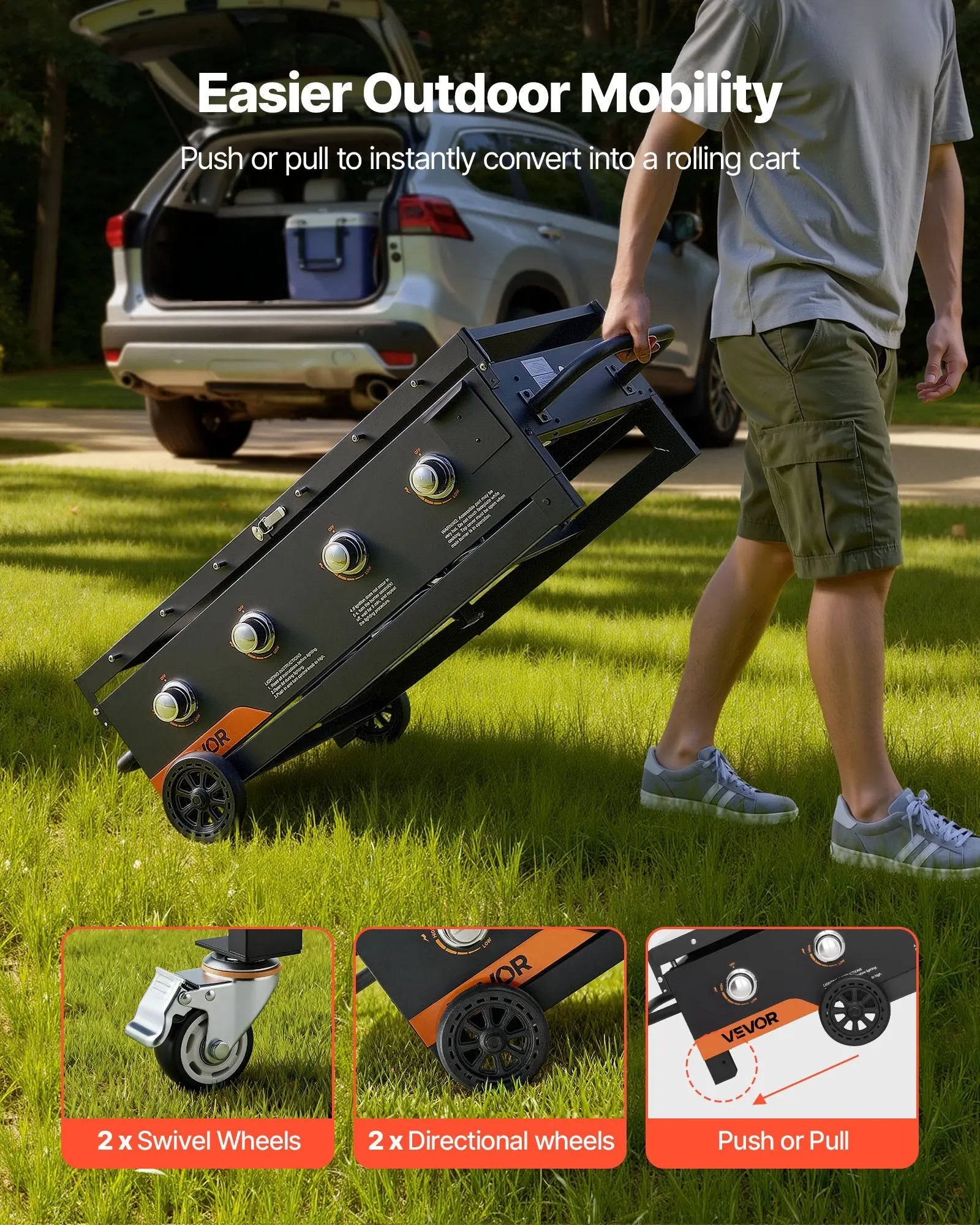 VEVOR Gas Griddle, 4-Burner Flat Top Grill, 36 inch Grill Plate Foldable Propane Griddle with Wheels, 60000 BTU Outdoor Flat Top Grills for Pan-Frying, Grilling, Stir-Frying, & BBQ, Pulse Ignition 