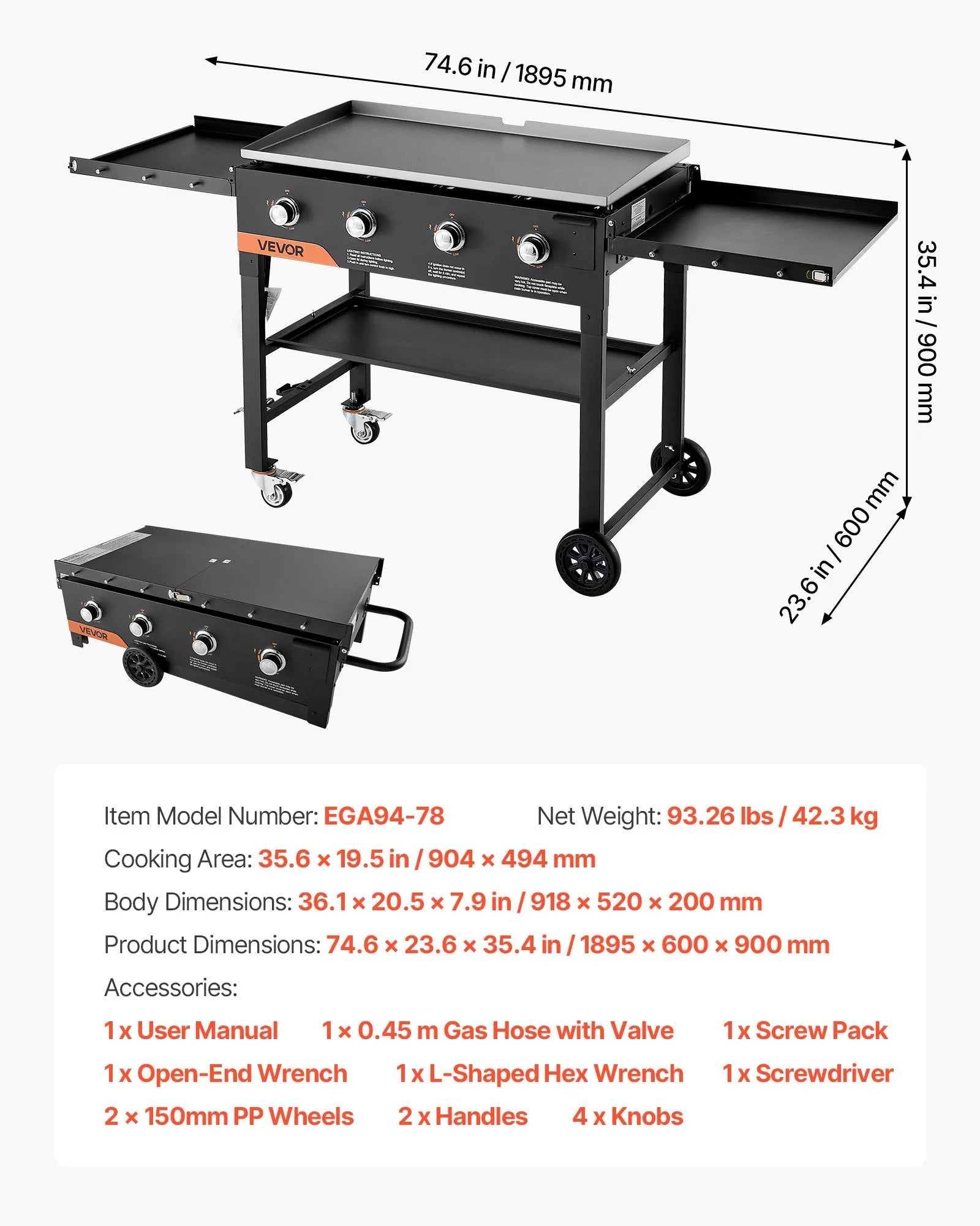 VEVOR Gas Griddle, 4-Burner Flat Top Grill, 36 inch Grill Plate Foldable Propane Griddle with Wheels, 60000 BTU Outdoor Flat Top Grills for Pan-Frying, Grilling, Stir-Frying, & BBQ, Pulse Ignition 