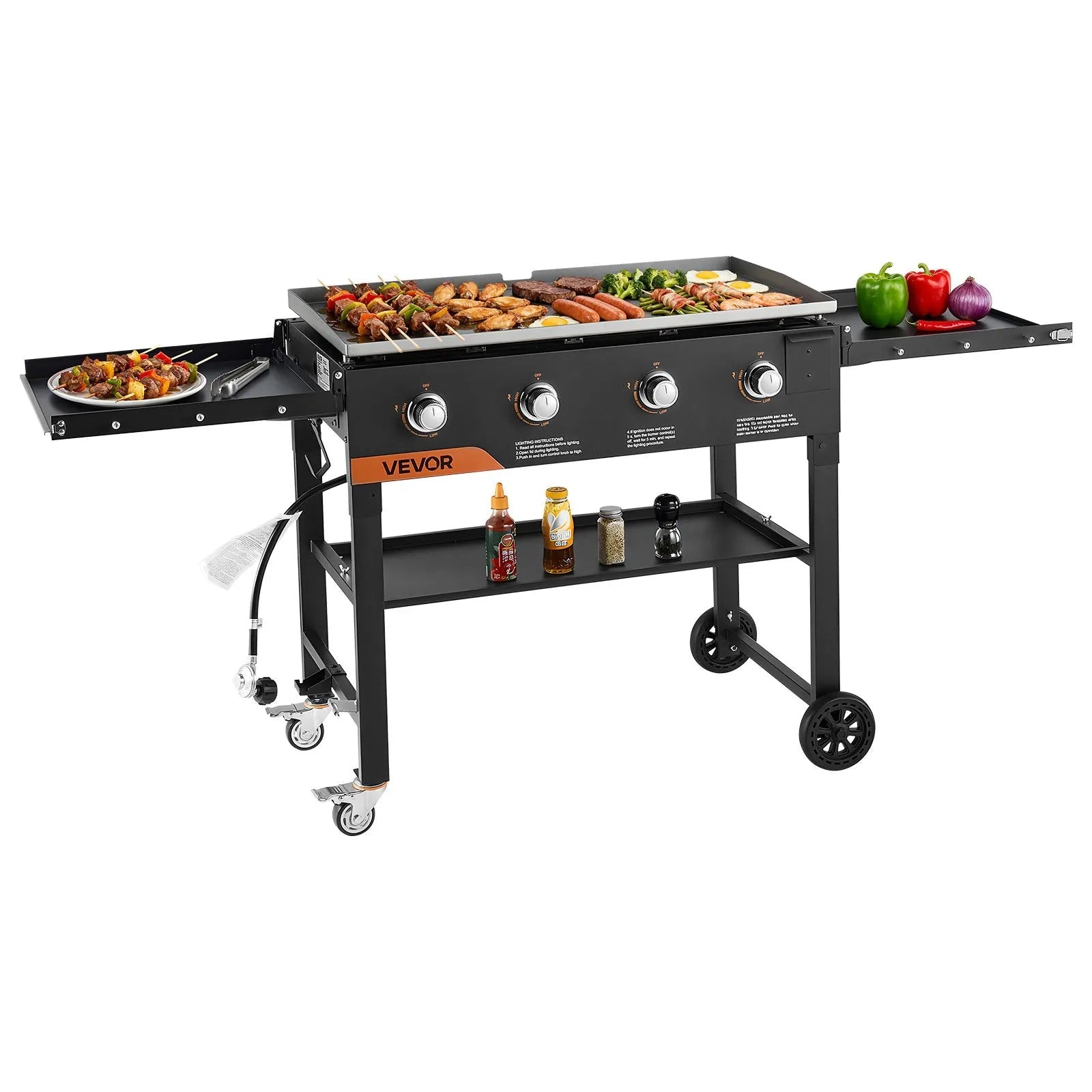 VEVOR Gas Griddle, 4-Burner Flat Top Grill, 36 inch Grill Plate Foldable Propane Griddle with Wheels, 60000 BTU Outdoor Flat Top Grills for Pan-Frying, Grilling, Stir-Frying, & BBQ, Pulse Ignition 