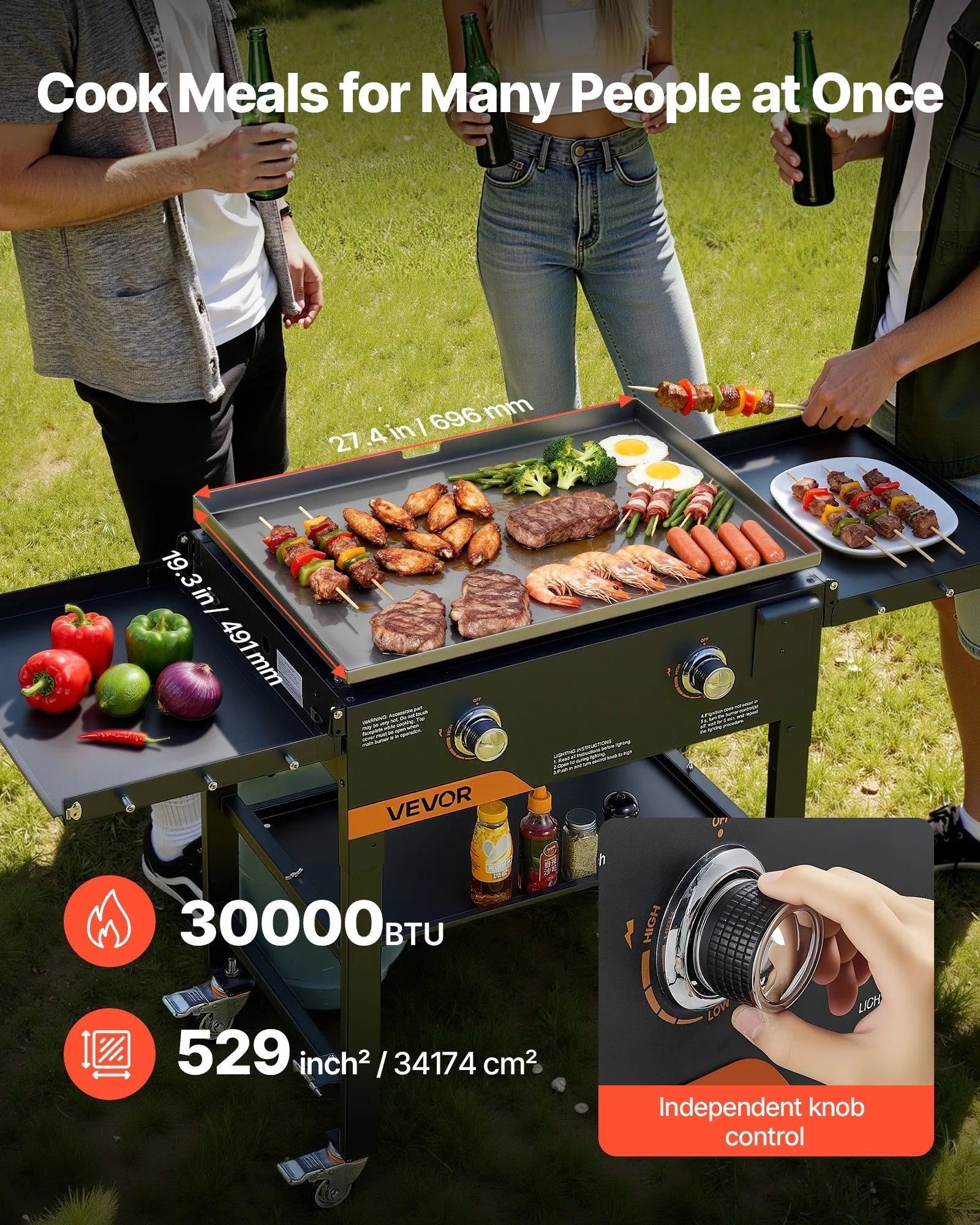 VEVOR Gas Griddle, 2-Burner Flat Top Grill, 28 inch Grill Plate Foldable Propane Griddle with Wheels, 30000 BTU Outdoor Flat Top Grills for Pan-Frying, Grilling, Stir-Frying, & BBQ, Pulse Ignition 