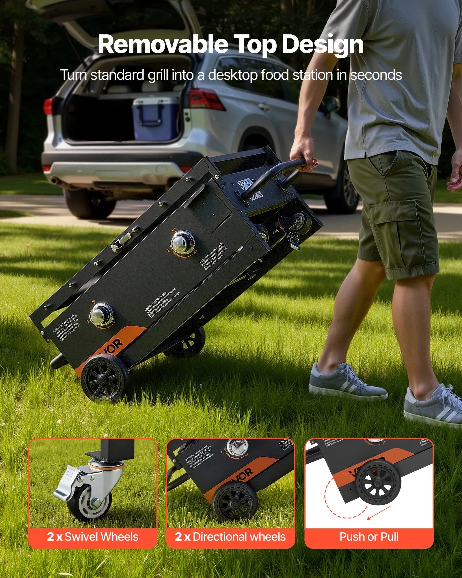 VEVOR Gas Griddle, 2-Burner Flat Top Grill, 28 inch Grill Plate Foldable Propane Griddle with Wheels, 30000 BTU Outdoor Flat Top Grills for Pan-Frying, Grilling, Stir-Frying, & BBQ, Pulse Ignition 