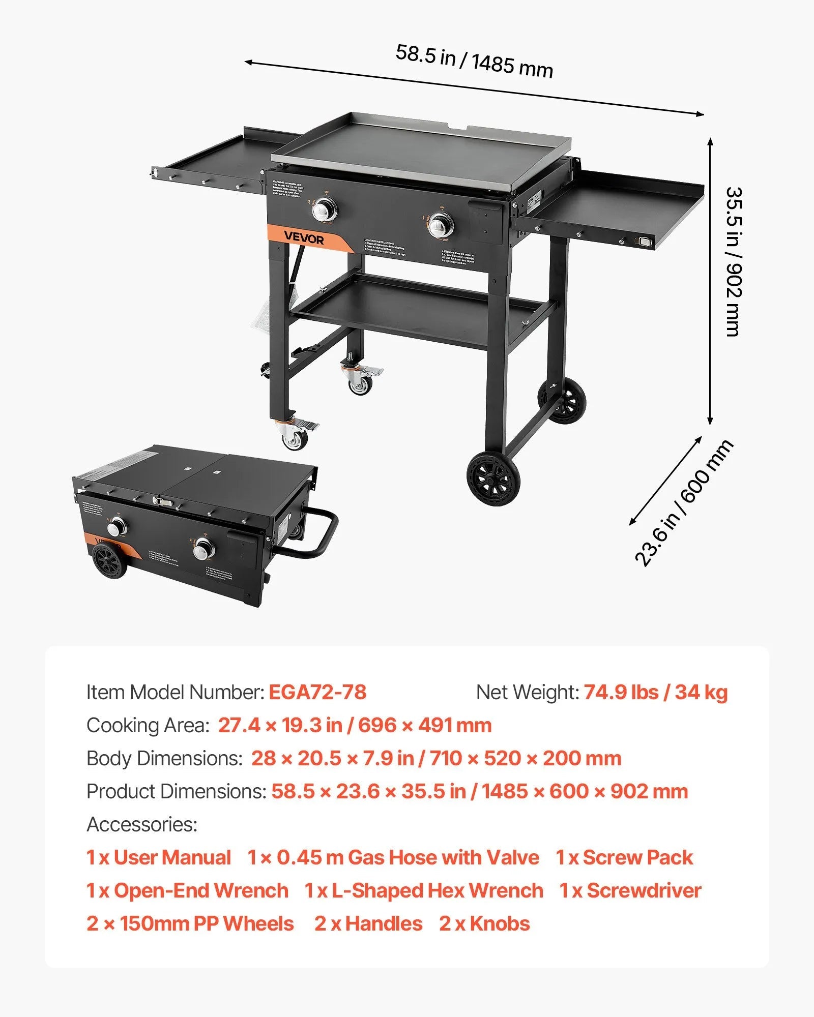 VEVOR Gas Griddle, 2-Burner Flat Top Grill, 28 inch Grill Plate Foldable Propane Griddle with Wheels, 30000 BTU Outdoor Flat Top Grills for Pan-Frying, Grilling, Stir-Frying, & BBQ, Pulse Ignition 