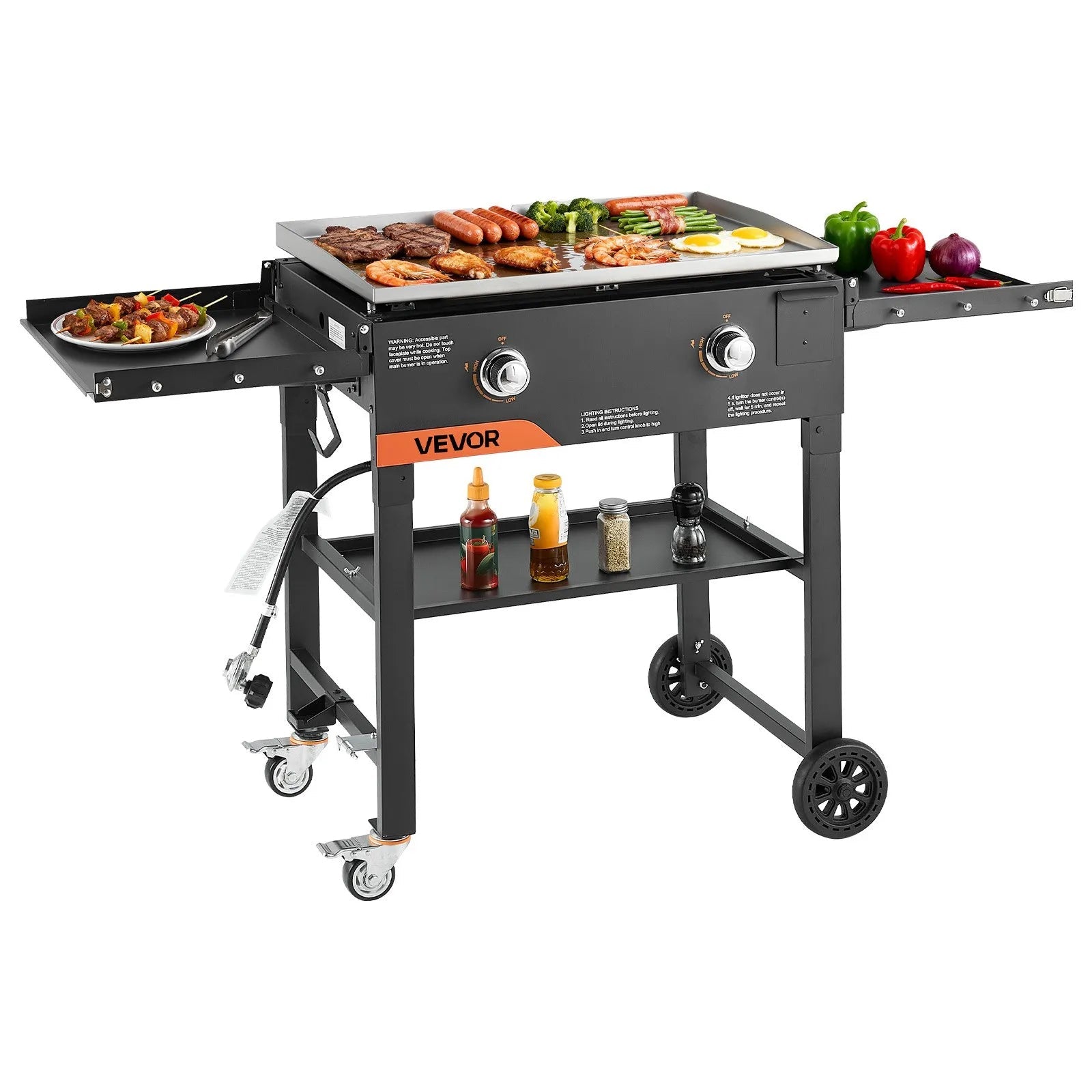 VEVOR Gas Griddle, 2-Burner Flat Top Grill, 28 inch Grill Plate Foldable Propane Griddle with Wheels, 30000 BTU Outdoor Flat Top Grills for Pan-Frying, Grilling, Stir-Frying, & BBQ, Pulse Ignition 