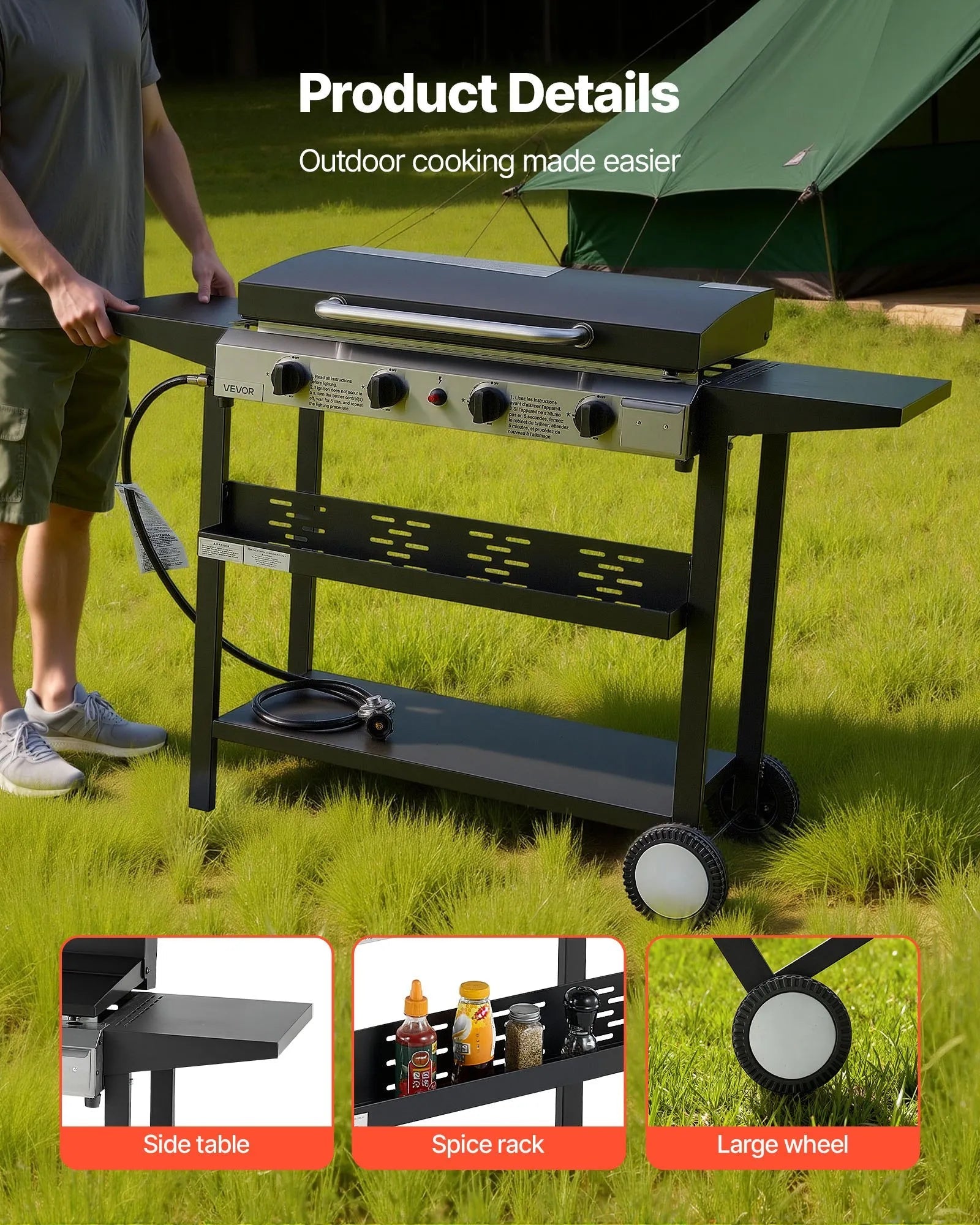 VEVOR Gas Griddle, 4-Burner Flat Top Grill, 29 inch Grill Plate Propane Griddle with Wheels, Lid, 28000 BTU Outdoor Flat Top Grills for Pan-Frying, Grilling, Stir-Frying, & BBQ, Pulse Ignition 
