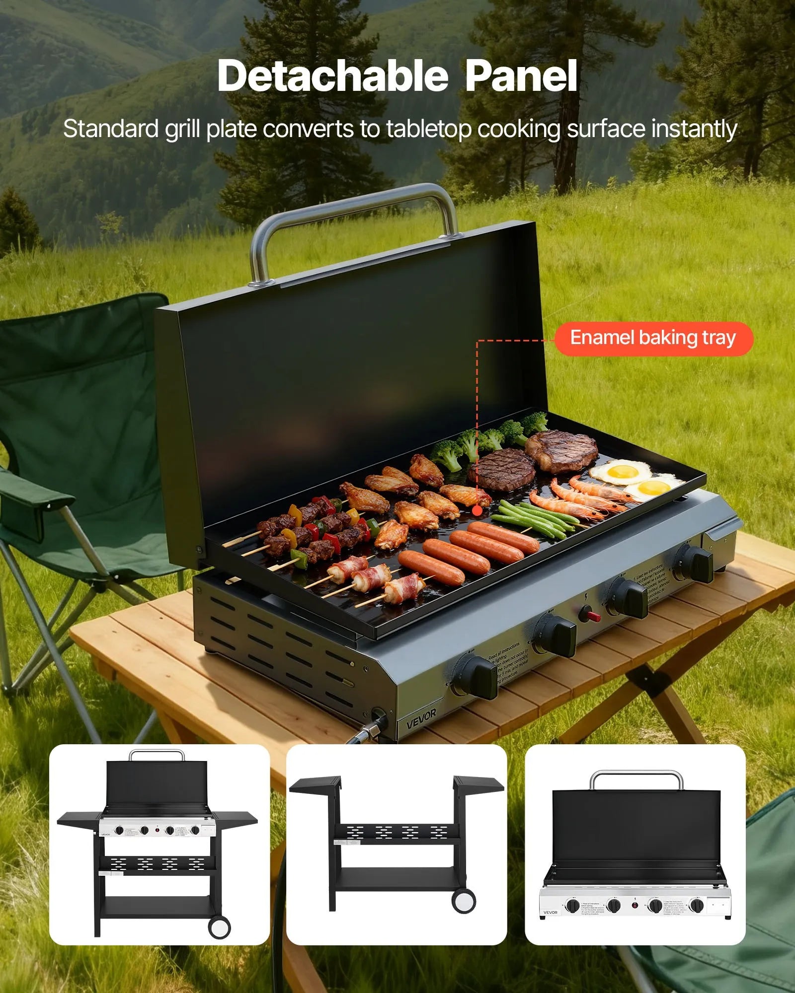 VEVOR Gas Griddle, 4-Burner Flat Top Grill, 29 inch Grill Plate Propane Griddle with Wheels, Lid, 28000 BTU Outdoor Flat Top Grills for Pan-Frying, Grilling, Stir-Frying, & BBQ, Pulse Ignition 